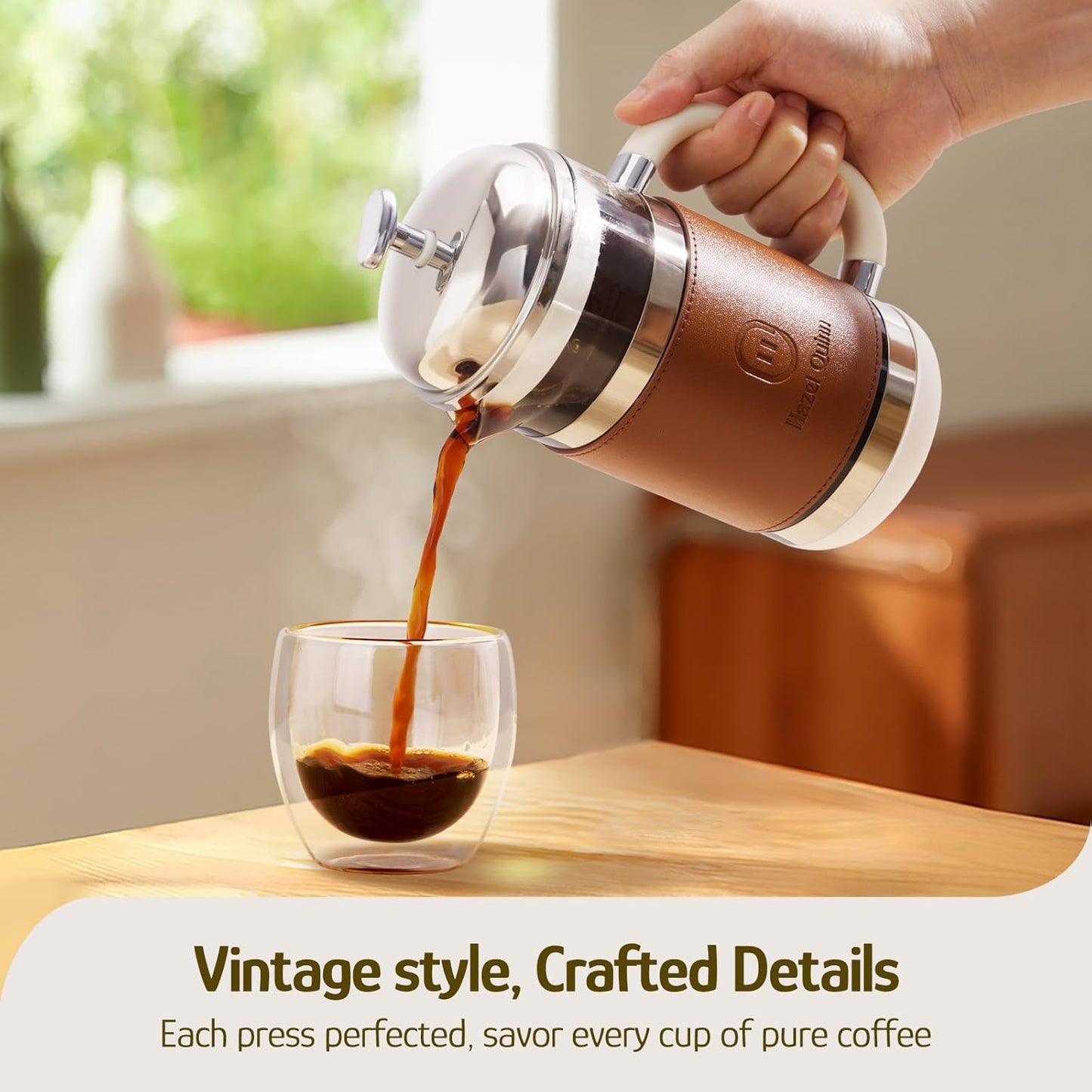 Hazel Quinn French Press Coffee Maker, 450ml/15oz, Heat-Resistant Borosilicate Glass, 304 Stainless Steel, BPA-Free, Easy to Clean, Precision Filtration for Coffee & Tea, Ideal for Home, Travel