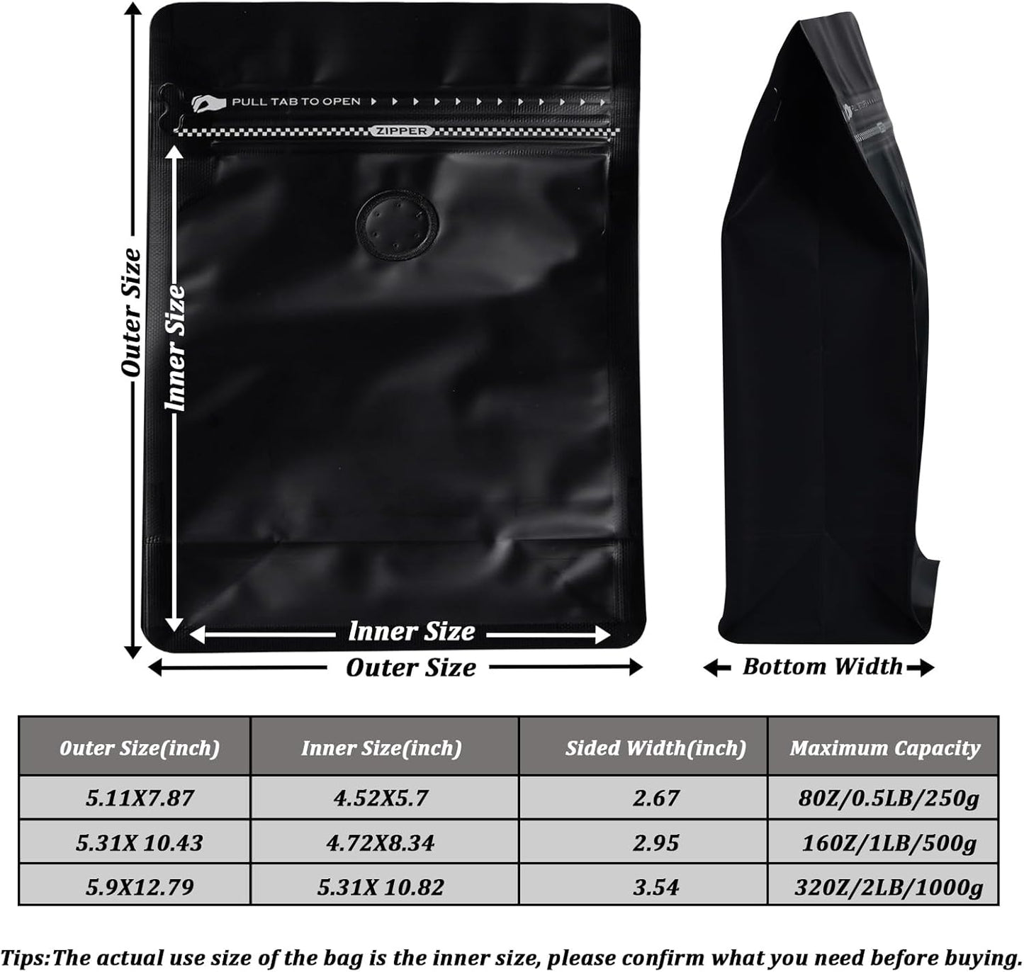 Coffee Bags with Valve (50 PCS,8oz/0.5lb) Black High Barrier Aluminum Foil Flat Bottom Standing Coffee Beans Storage Packaging Bags, Reusable Heat Seal Side Zipper Pouches for Small Business and Home