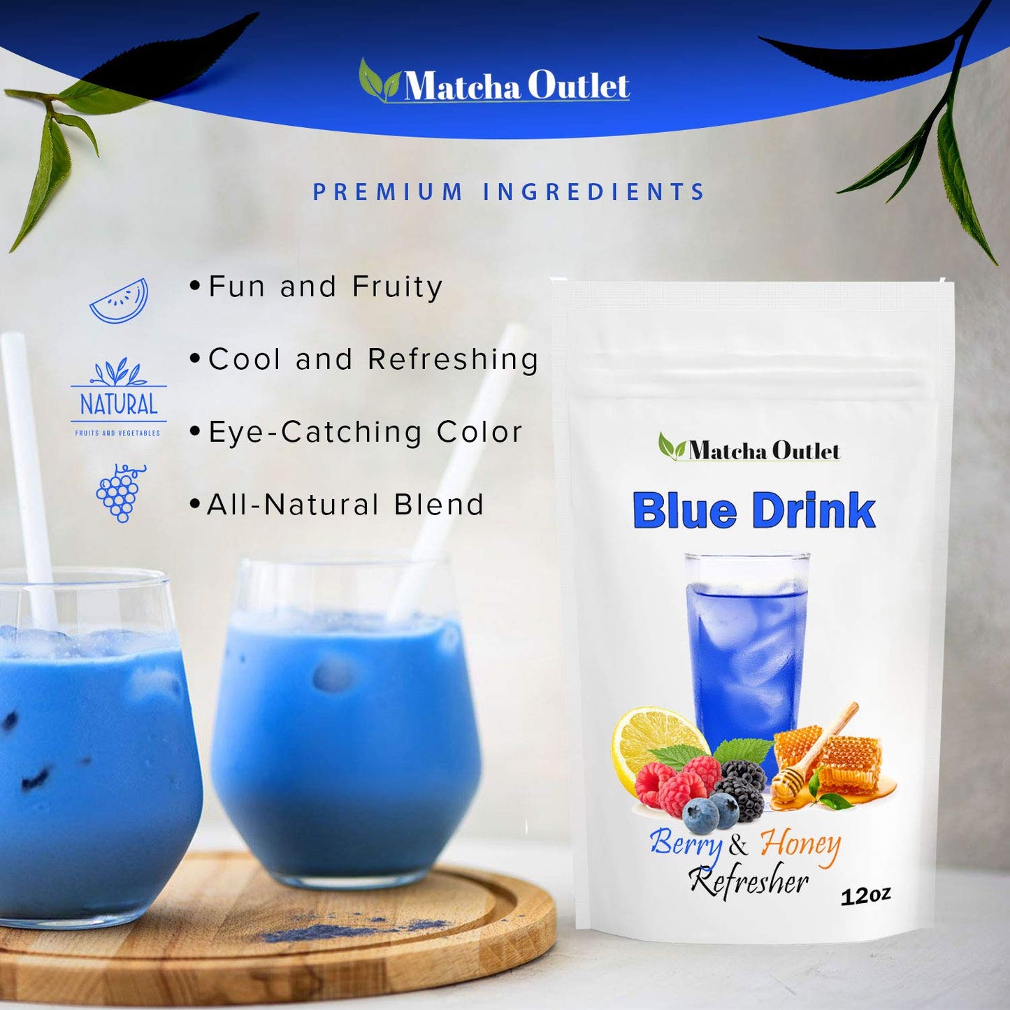 Blue Drink Spirulina Powder, Berry & Honey Refresher 12oz Blue Drink Mix Natural Food Colorant Perfect for Ice Mix Yogurts Baked Treats Loaded Tea Bubble Tea