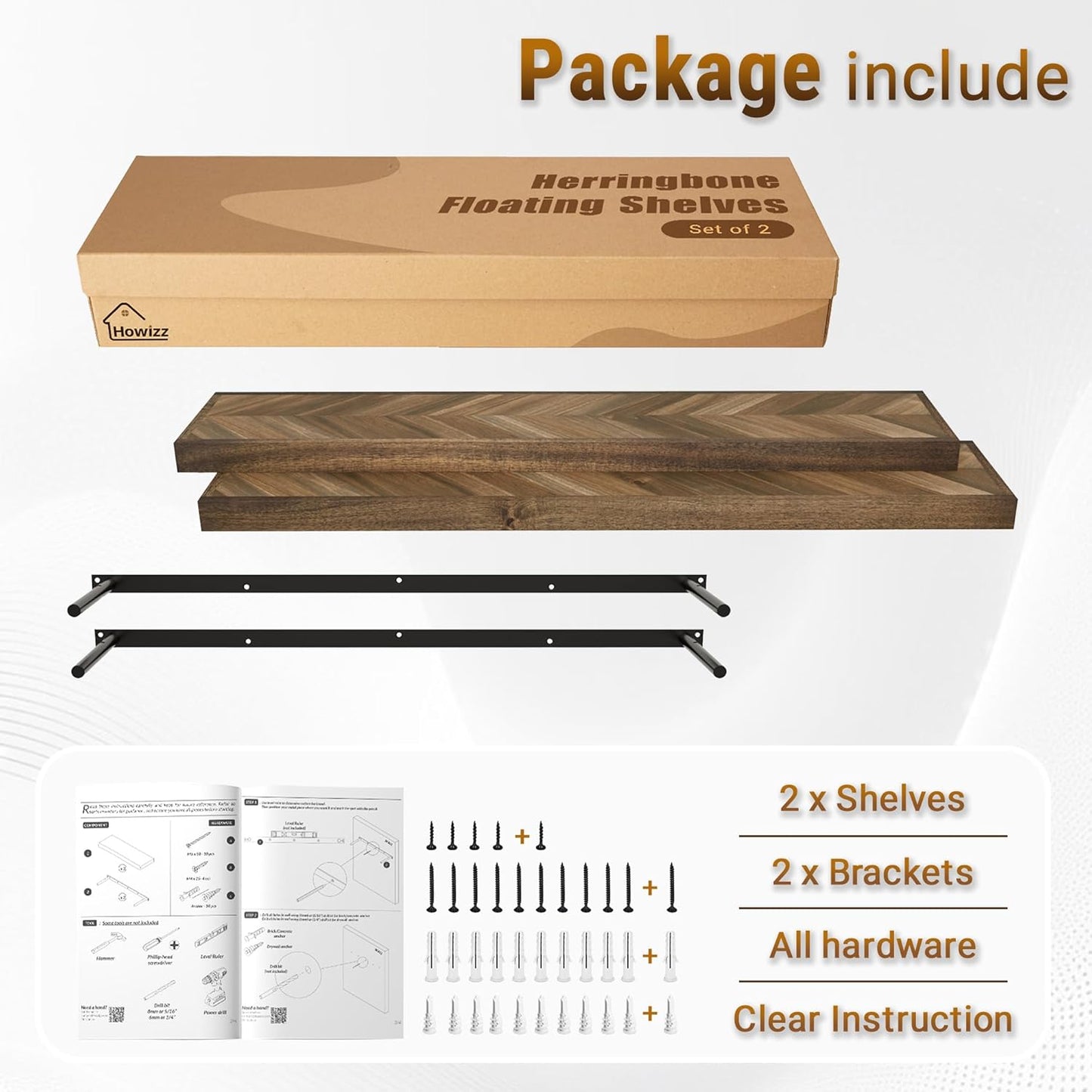 48" Rustic Farmhouse Floating Shelves – Set of 2 Acacia Wood Shelves for Stylish Wall Decor in Kitchen, Bathroom, Unique Chevron Pattern, Dark Walnut Color, 48x8x1.5 Inches - Set of 2 - DIY