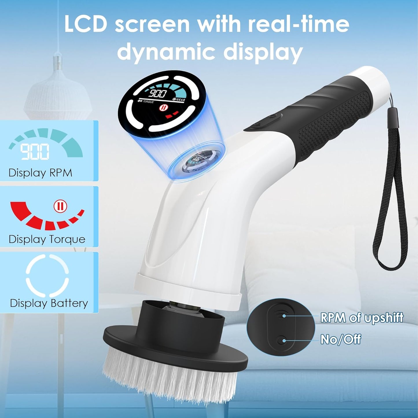 Electric Spin Scrubber,Cordless Cleaning Brush, 3-Speed,7 Replaceable Brush Heads & Long Detachable Handle, LCD Display Shows RPM/Torque/Battery, for Bathroom, Kitchen, Tile