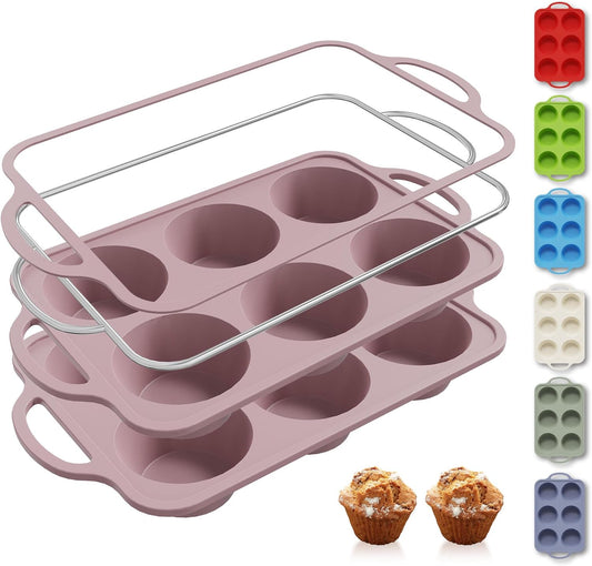 2 Packs 6 Cups Silicone Muffin Pan with Metal Reinforced Frame Jumbo Size Cupcake Pan Tray Egg Bites Silicone Circle Cookie Molds Muffin Tin Tart Pans Baking Sheet Set for Breakfast Sandwiches