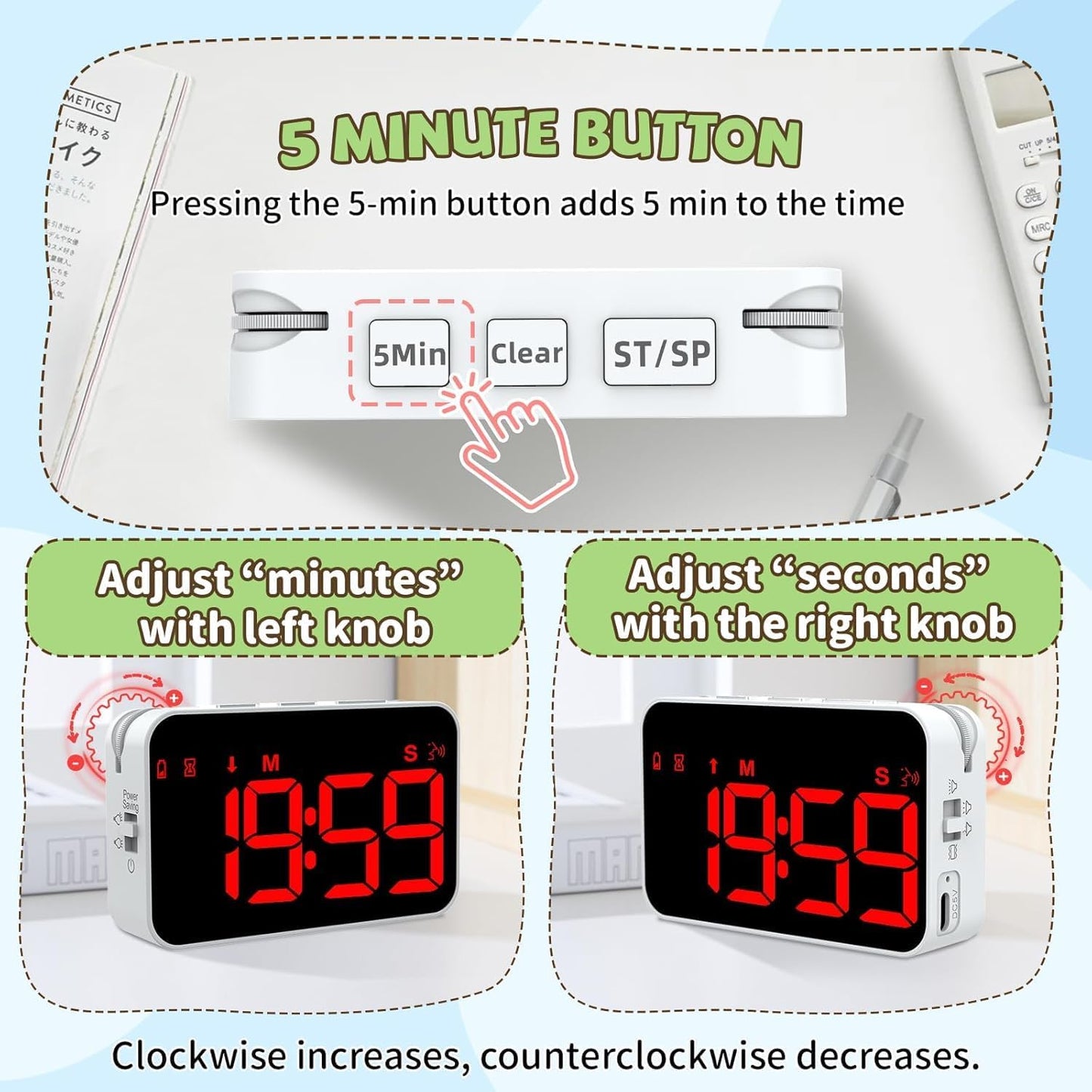 Digital Timer for Kids, 199min 59s Countdown/Up, Rechargeable, Magnetic, 3 Brightness Display, 3 Volume Levels and Vibration, with Sound Alert Function, for Kitchen, Classroom, Study, Fitness