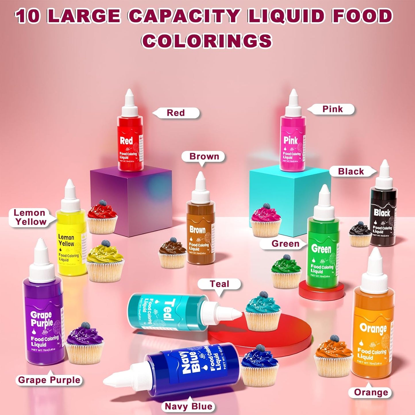 Food Coloring Liquid -10 Colors x 70ml Food Dye Set, Large Capacity Vibrant Edible Paint for Frosting, Cake Decorations, Easter Egg, Baking, Fondant, Slime Making Kit, Easy to Use - 24 Fl. oz
