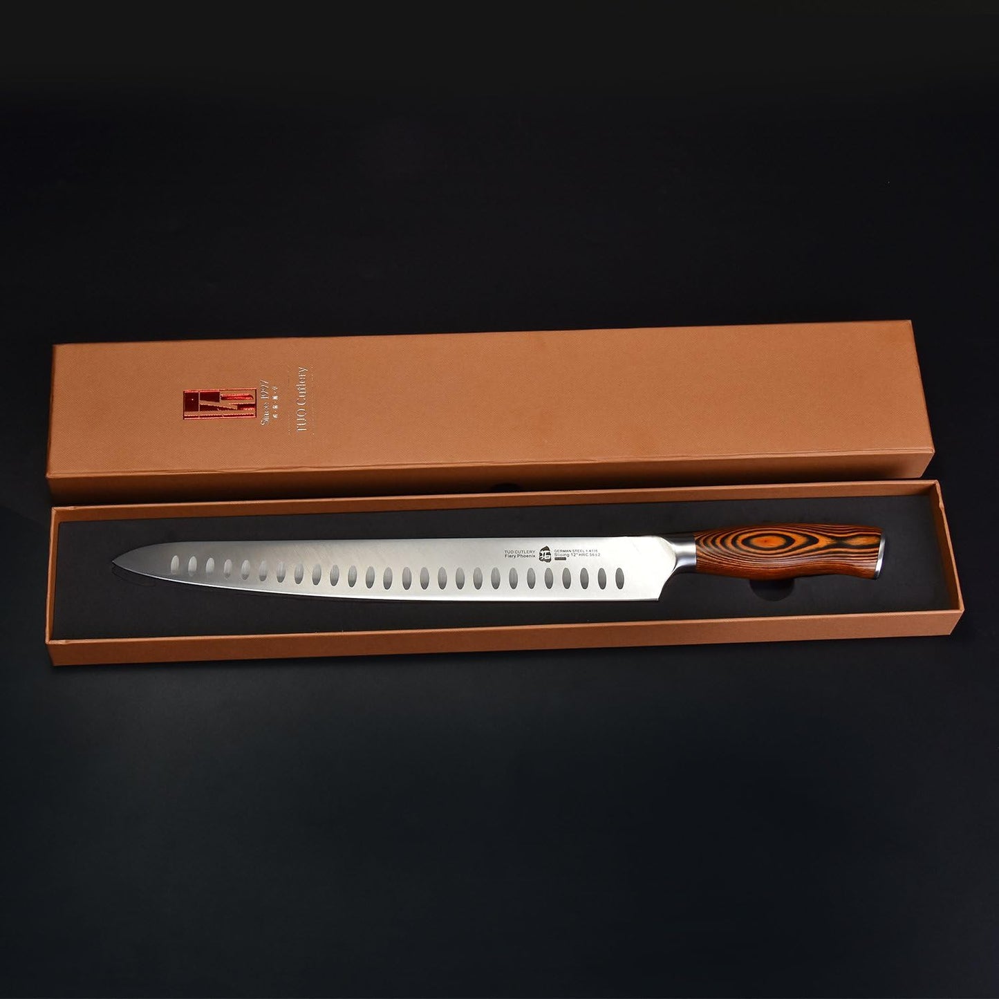 TUO Slicing Knife, 12 inch Granton Carving Knives Hollow Ground for Meat Cutting, Kitchen Long Slicer & Carver, German Stainless Steel Pakkawood Handle, Gift Box Included - Fiery Series