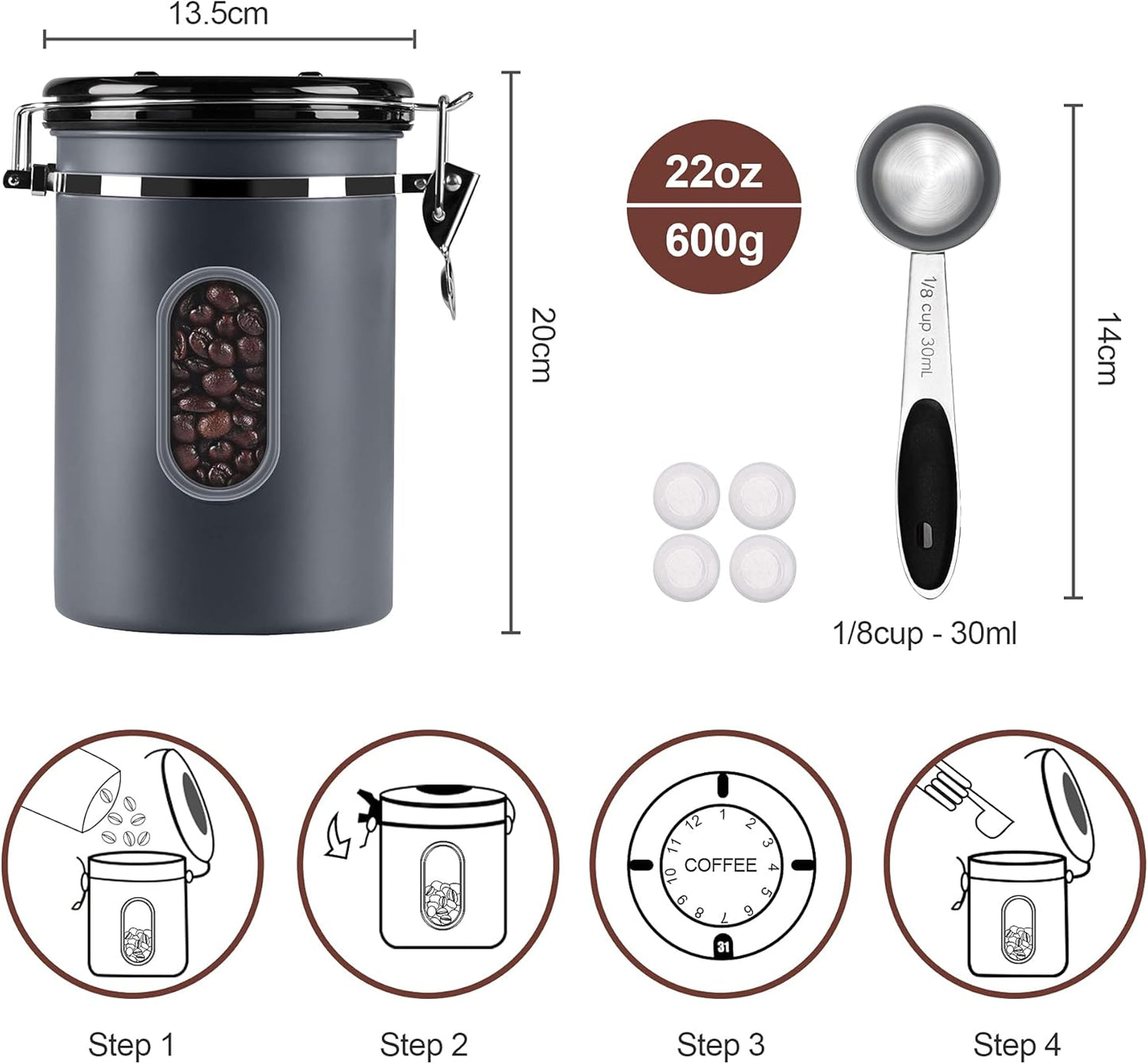1800ML Airtight Coffee Canister with Date Tracker&Transparent Window, 22.8OZ Coffee Container with 30ML Measure Spoon&4 co2 Valve, Coffee Bean Storage Container for Grounds Coffee, Beans, Tea(Gray)