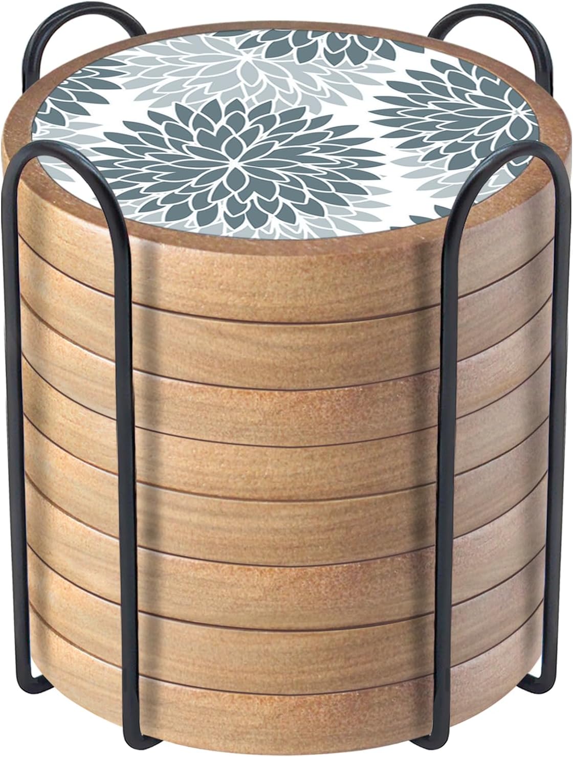 Wood Coasters Set of 8 with Holder, Cewiru Cup Mat for Drinks, Absorbent Coasters with Felt Insert for Coffee Table Protection, Modern Style Home Dining Table Decor, 4.3" Gray