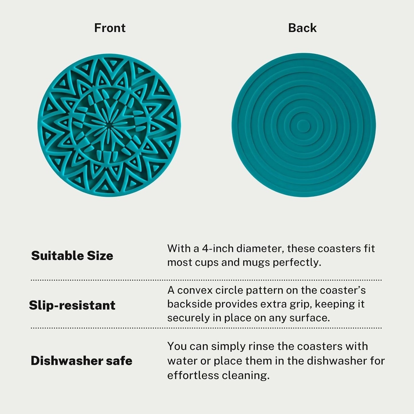 Set of 6 Teal Silicone Coasters with Holder, Drink Coasters with Tribal Pattern Shape- for Table Protection, Anti Slip, Nonstick, Heat Resistant, Deep Tray