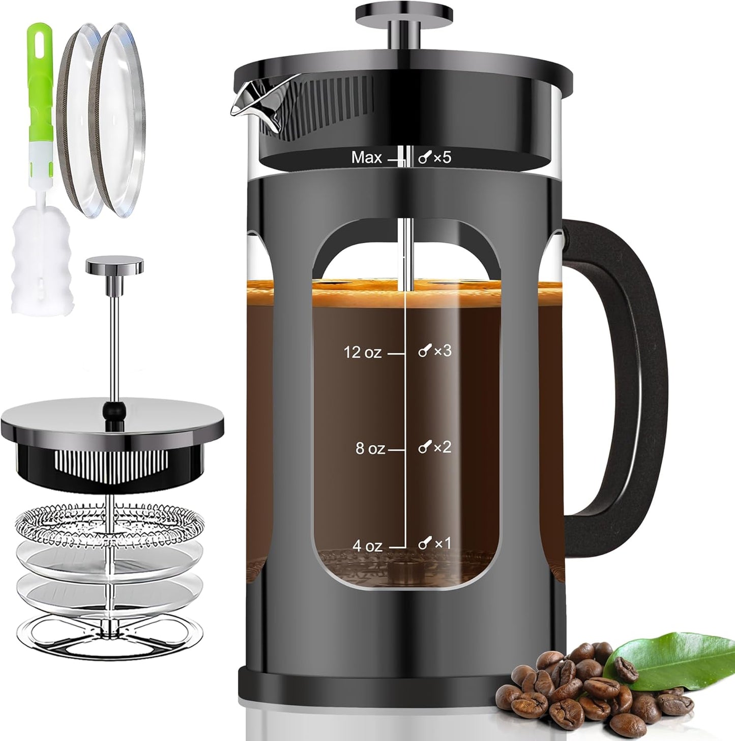 French Press Coffee Maker (21oz 600ML 3-4Cup) Coffee Press, with 4 Filters System, Heat Resistant Thickness Borosilicate Glass, Cold Brew Coffee Tea Pot Gifts (Bright Black)
