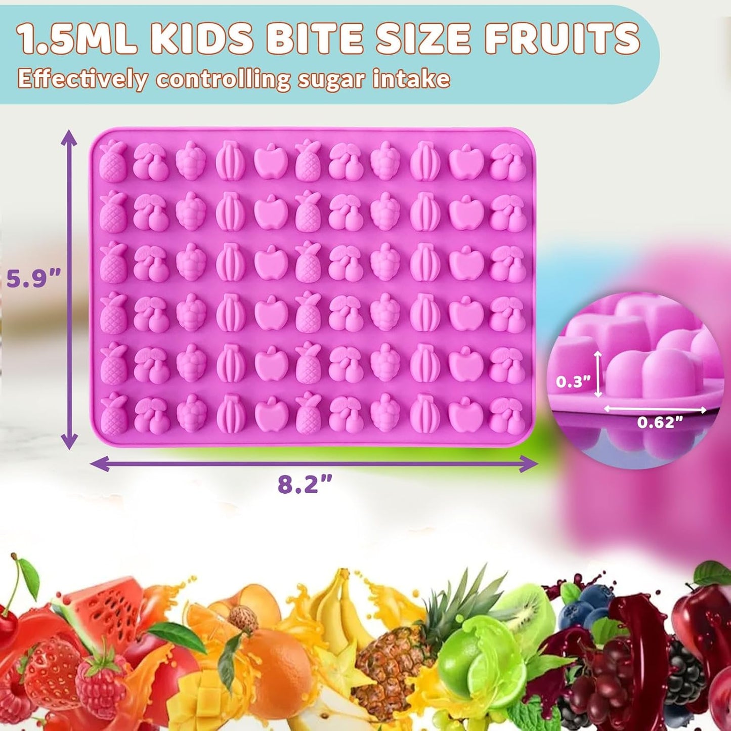 HKNMTT Gummy Fruit Molds Silicone, Mini Cute Fruit Shaped Candy Chocolate Tray Molds With 2 Droppers, 4 Pack 264 Cavities Non-stick Bite Size Kids Apple Molds, DIY Candy Making Kit