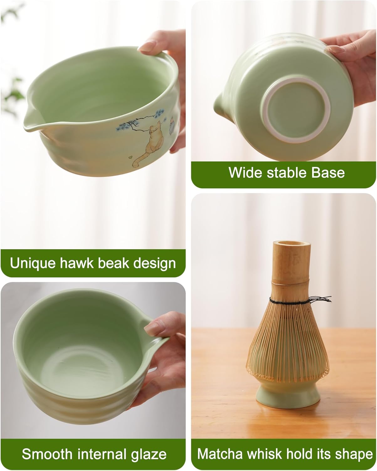 Matcha Whisk Set, Ceramic Matcha Set Includes Matcha Bowl, Matcha Whisk and Holder, Bamboo Scoop, Scoop Rest, Sifter and Tea Towel - 7 Pcs Matcha Kit(Green)