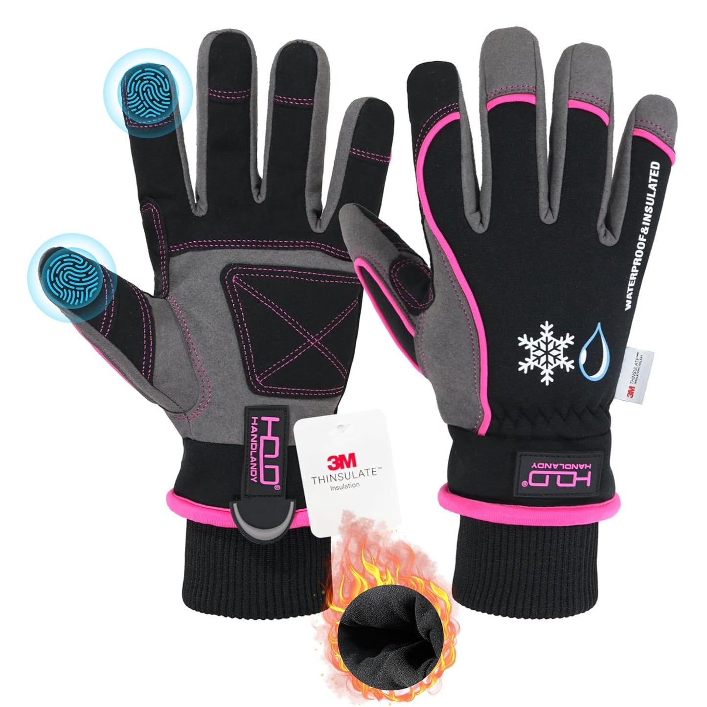 HANDLANDY Waterproof Insulated Work Gloves, 3M Thinsulate Thermal Winter Gloves for Men Women Touch Screen, Warm Ski Snowboard Cold Weather Gloves (Small, Pink)