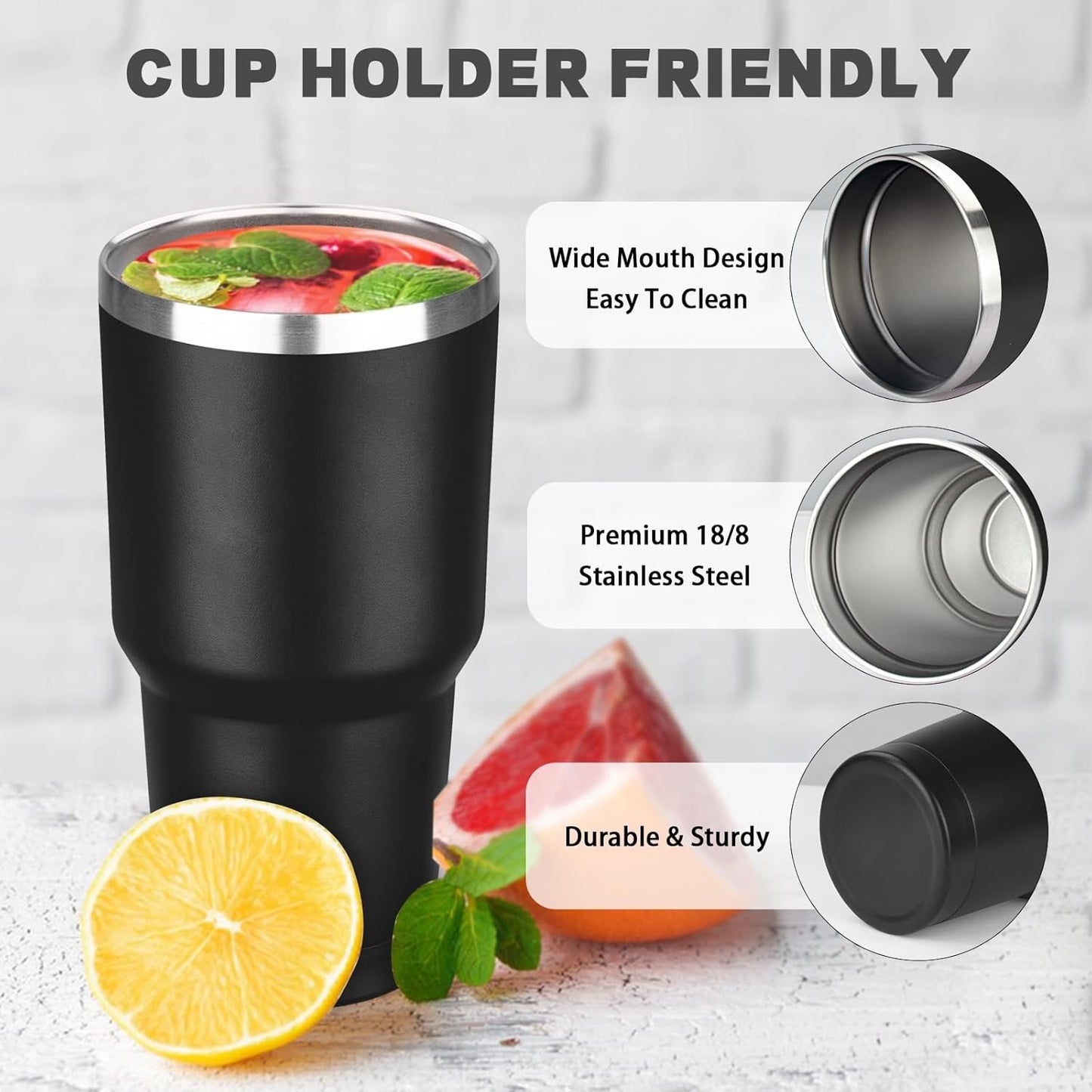 30 oz Tumbler with Lids and Straws, Stainless Steel Insulated Coffee Tumbler, Double Wall Vacuum Insulated Travel Mug Cup, Leakproof Thermal Coffee Cup for Hot and Cold Drinks (Black)