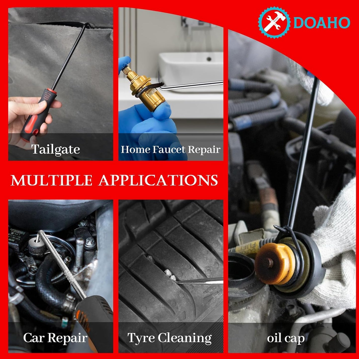 17Pcs Mechanic Hook and Pick Tool Set & Car Trim Removal Kit with Fastener Clip Pliers,Rivet Puller,Magnetic Pickup,Gasket Scraper,Non-Scratch Plastic Pry Tools for Automotive Repair-Red