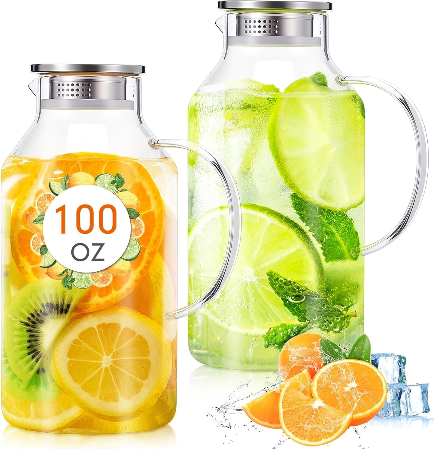 Honeydak 2 Pack 3 Liters 100 oz Column Glass Pitcher with Lid and Handle, Glass Water Jars Carafe Jug for Hot/Cold Drinks, Tea, Beverages, Parties and Picnics