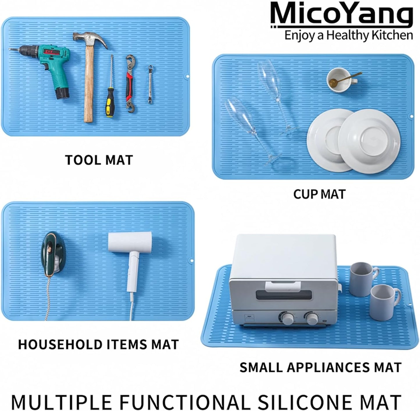 Silicone Dish Drying Mat for Multiple Usage,Easy clean,Eco-friendly,Heat-resistant Silicone Mat for Kitchen Counter or Sink,Refrigerator or Drawer Liner Light Blue 4XL 32 inches x 18 inches