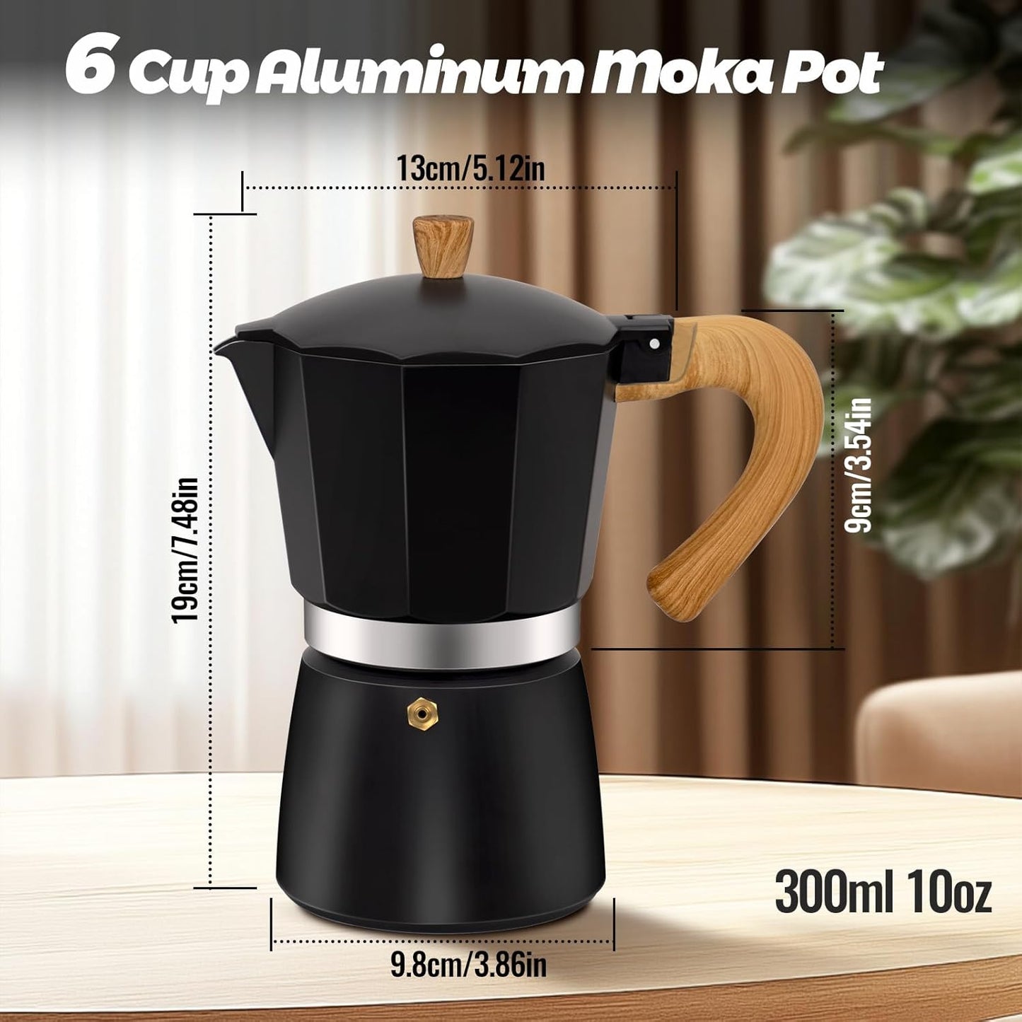 6 Cup Aluminum Moka Pot Classic Stovetop Espresso Coffee Maker 300ml 10oz Coffeemaker Percolator Mocha Pot Greca Coffee Maker Cafe Makers for Italian and Cuban Café Brewing Black