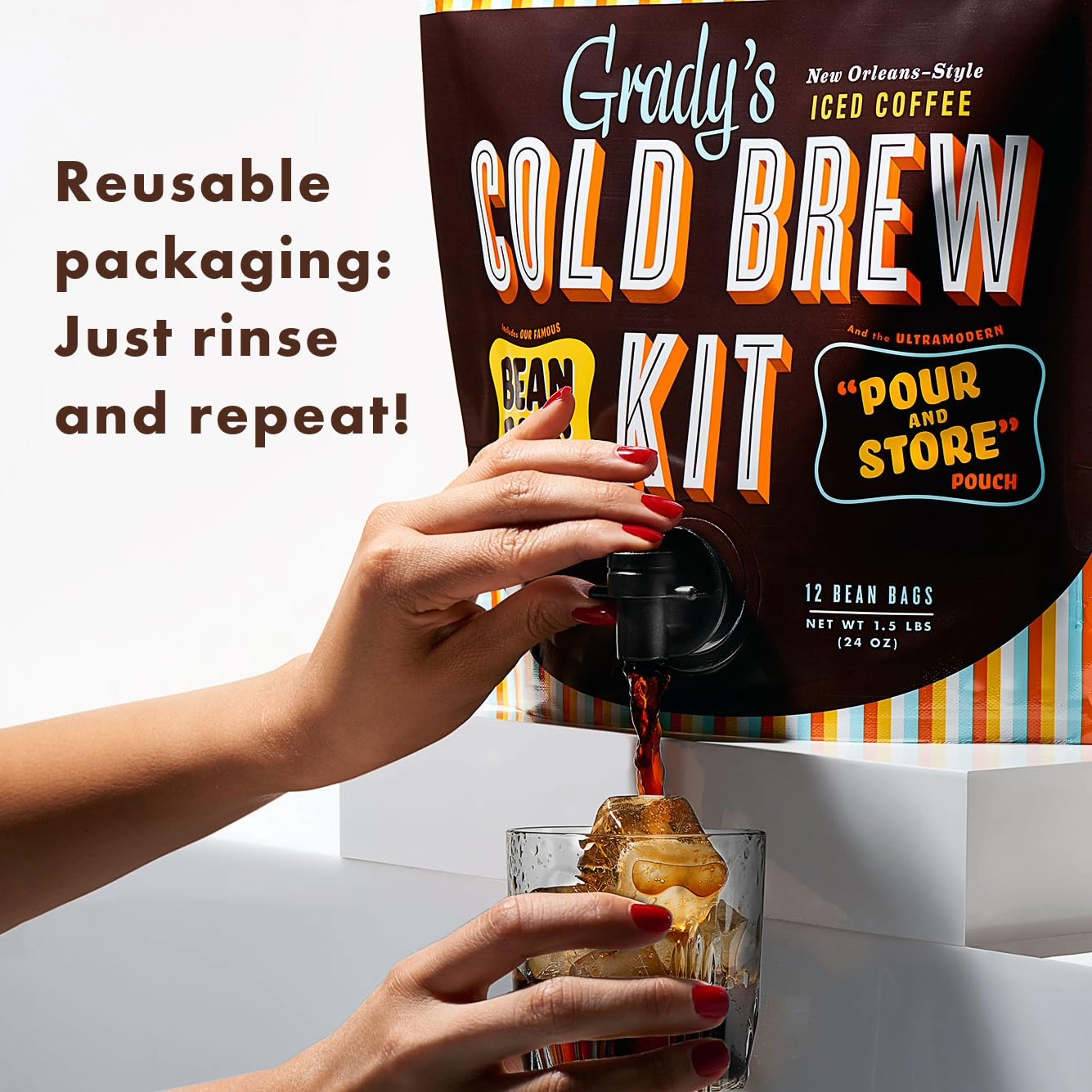 GRADY’S COLD BREW, New Orleans Style, 100% Arabica Ground Coffee & Chicory Pouches, 2 All-in-One Cold Brew Kits, each with 12 Easy-to-Brew Beans Bags, Makes 72 drinks