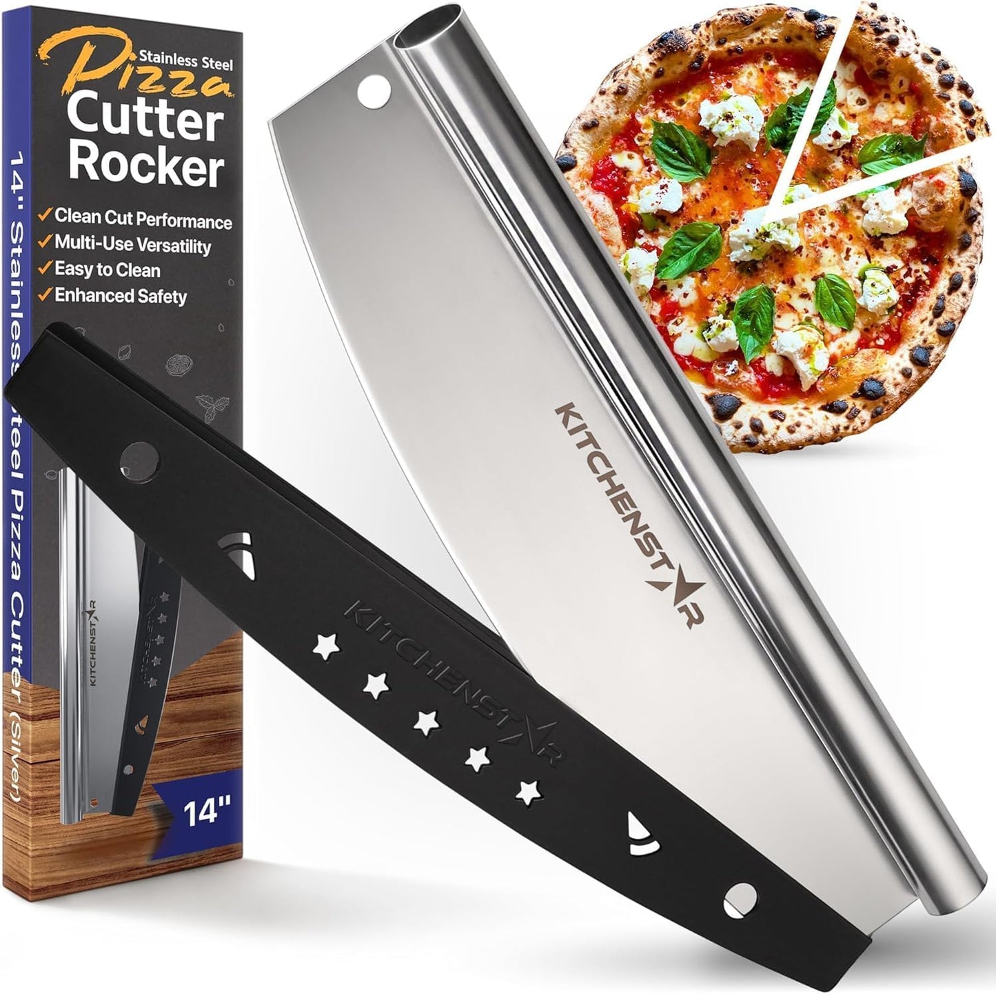 KitchenStar 14-Inch Pizza Cutter Rocker Blade - Sharp Stainless Steel Slicer Knife, Protective Cover, Dishwasher Safe, Large - Professional Pizza Oven Accessories