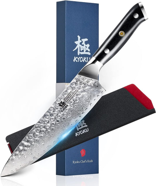 KYOKU Gin Series Chef Knife, 8" All Purpose Kitchen Knife, Japanese VG10 Damascus Stainless Steel Knife with Silver Ion Blade G10 Handle Mosaic Pin, Professional Knife for Meat Fruit Vegetables