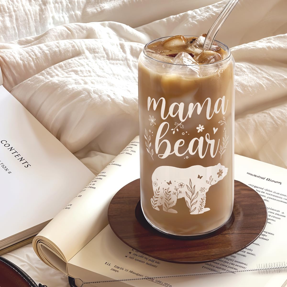 Mom Gifts - Mama Bear 16 Oz Can Glass Tumbler with Bamboo Lid and Straw - Iced Coffee Cups for Women, Aesthetic Glass Cup Gift for Birthday Christmas Mother's Day