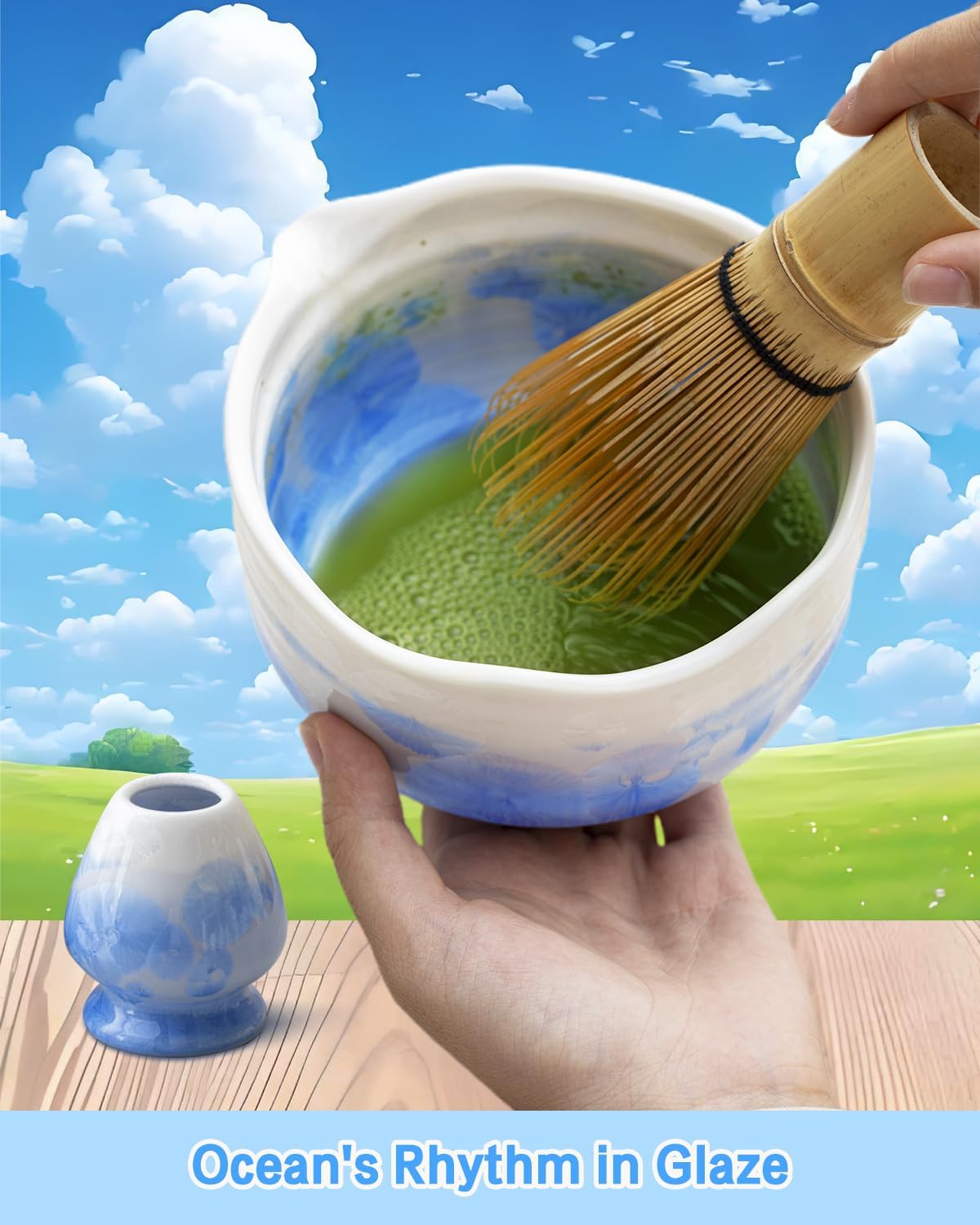 Natural Crystal Flower Matcha Set - 4 Pcs Food Grade Matcha Kit with Spouted Bowl, Matcha Whisk, Scoop and Chasen Holder - Matcha Tea Ceremony Gift for Matcha Lovers (Mist Azure)