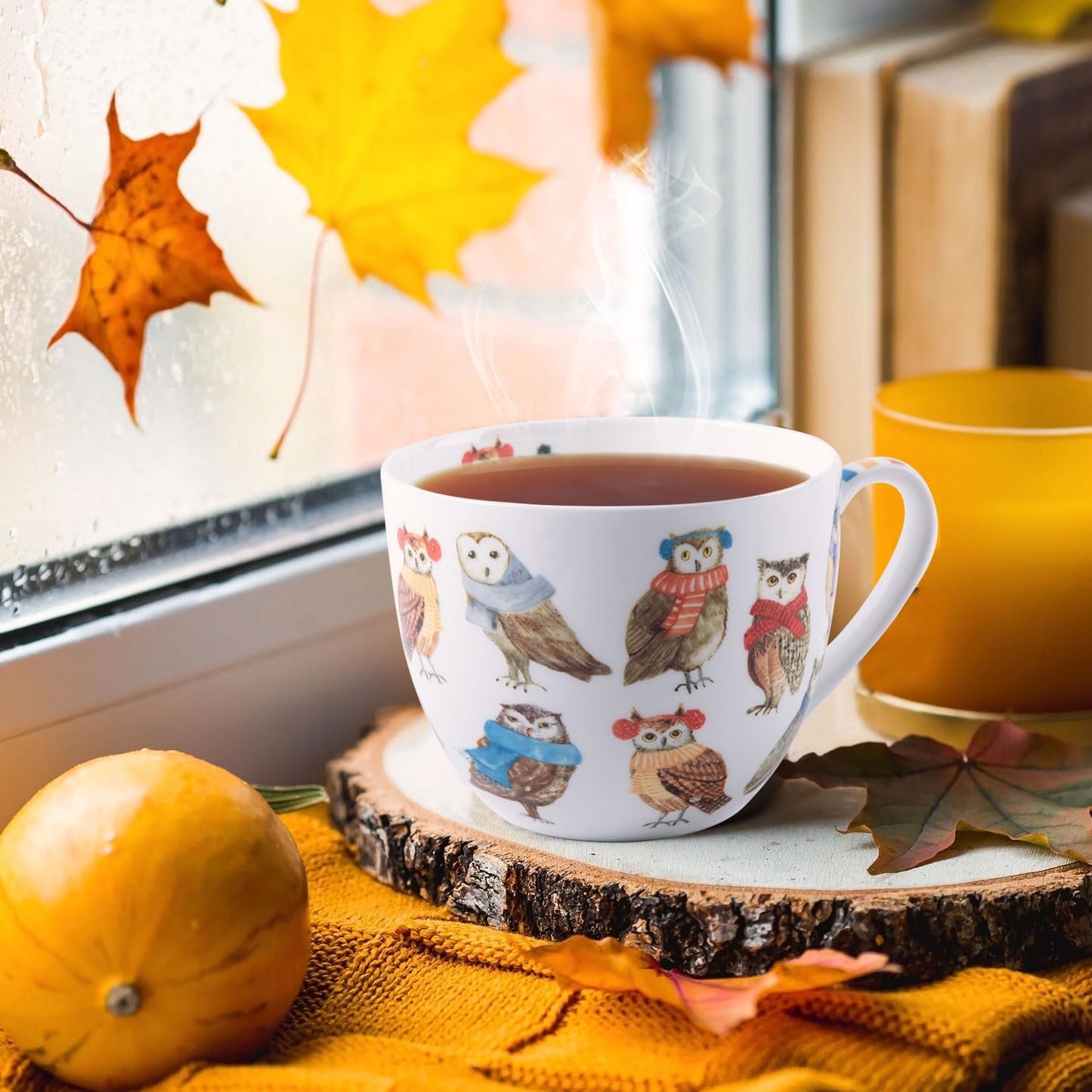 Cute Owl Coffee Mug, 20 oz Premium Bone China Mug with Charming Owls in Color Scarves and Hats—Cozy, Wise, and Perfect for Bird Enthusiasts, Designed in England by Harvest Green Studio