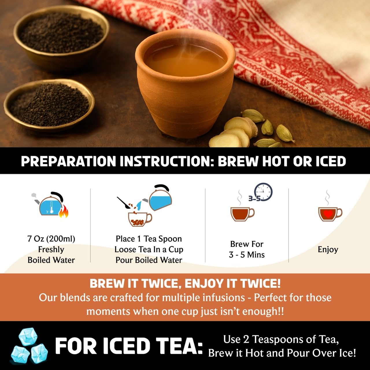 BREWIX, Royal Bengal Masala Chai Tea with Ginger and Cardamom | Loose Leaf CTC TEA (50+ Cups, 3.53oz/100g) Strong Robust & Aromatic, All Natural | Blended with Exotic Spices