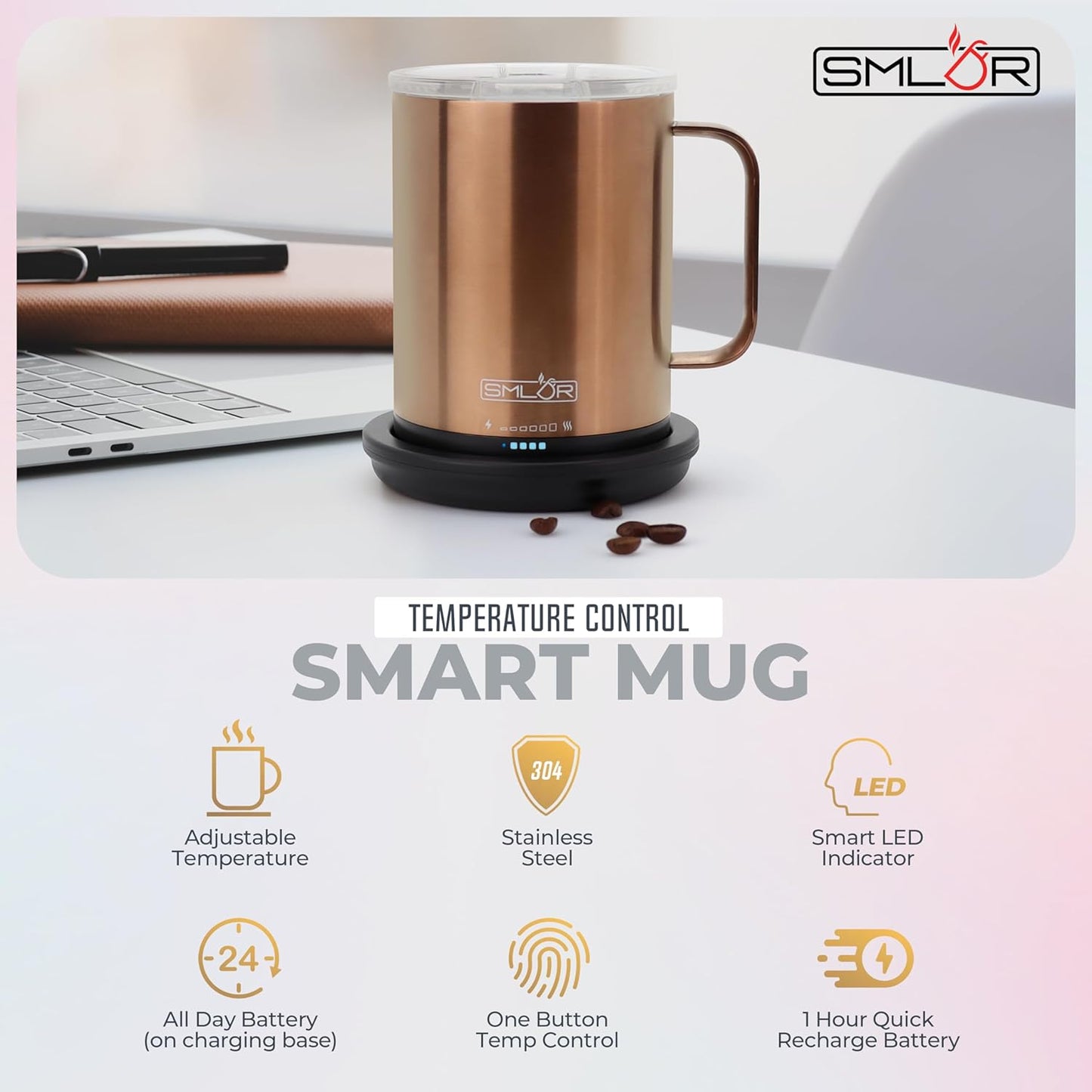 SMLDR Pro Heated Mug, 14 oz Smart Mug, Self-Heating, Adjustable Temperature, Battery Powered Heated Coffee Mug, Quick Recharge Time, Great for Coffee & Tea, Excellent Gift (Rose Gold)