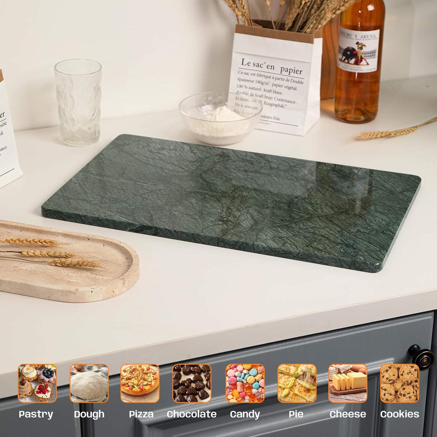 Green Marble Cutting Board, Marble Slab Pastry Board 12x20 Inch With Non-Slip Feet For Baking, Cheese, Charcuterie, Chocolate