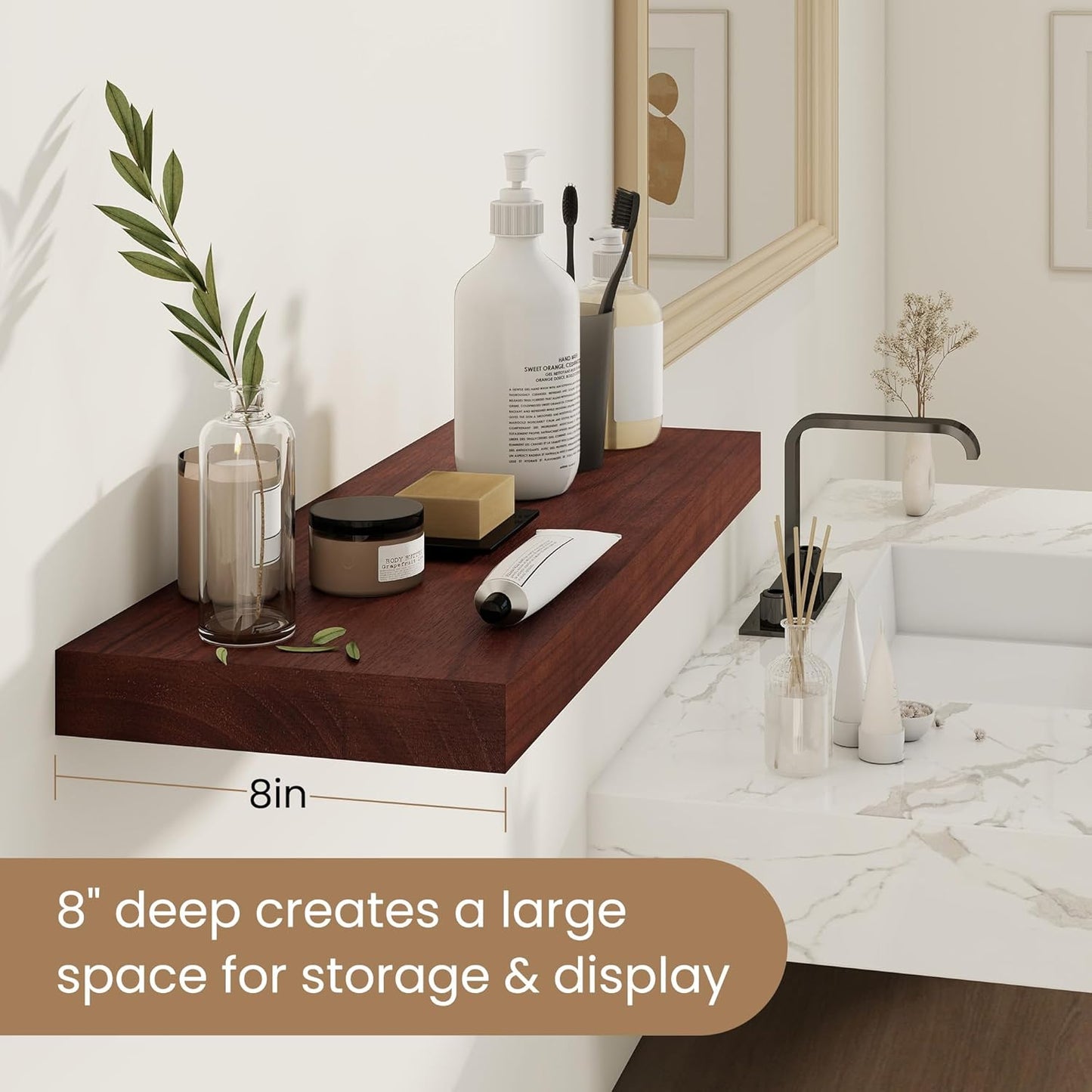 Fun Memories Rustic Floating Shelves for Home Decor, 8 Inch Deep Floating Shelf, Solid Wood Floating Wall Shelves 24 Inch Long, Deep Wall Shelves for Bathroom, Living Room, Walnut Finsh, Set of 2