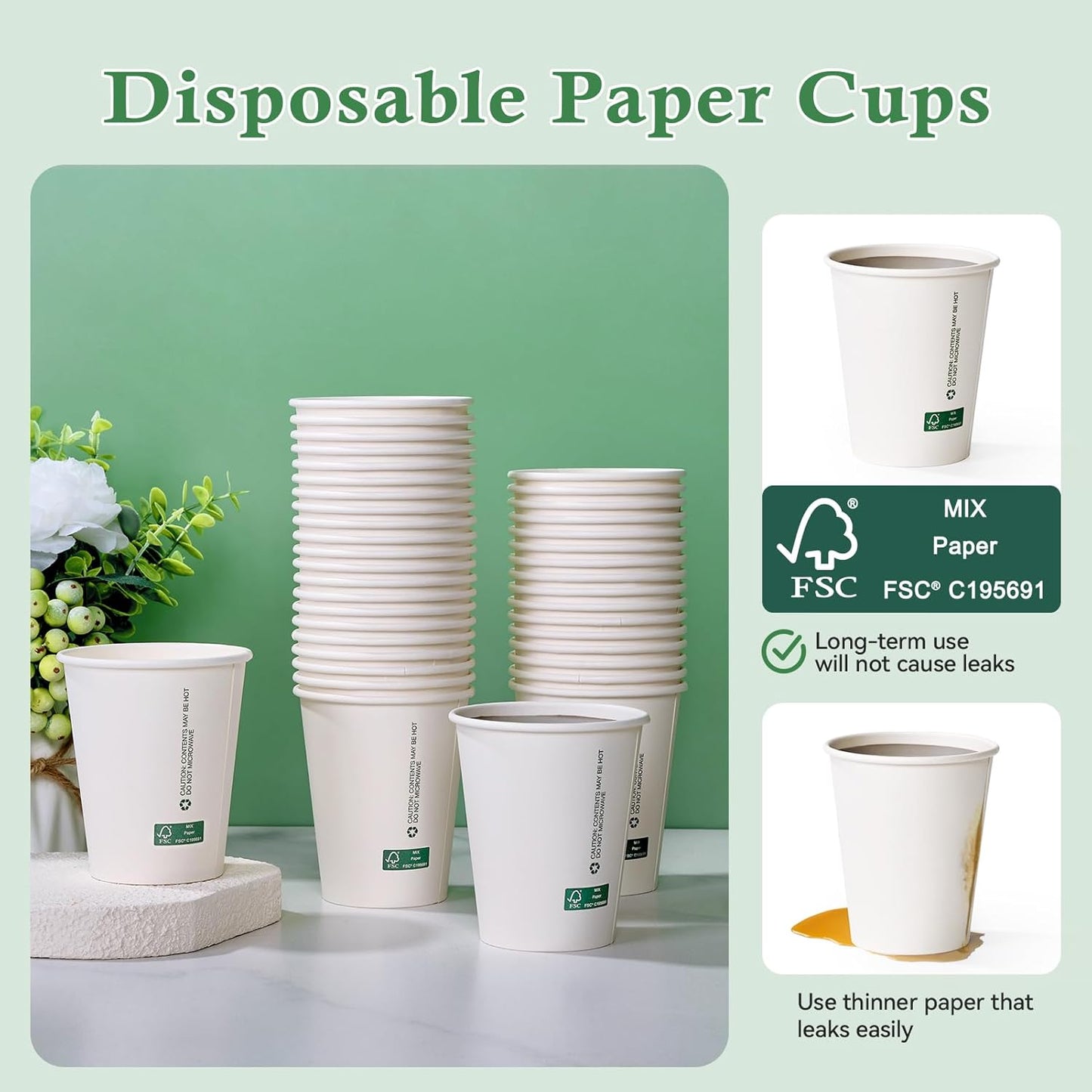 LITOPAK 200 Count 8 oz Disposable Paper Coffee Cup, White FSC Paper Hot Coffee Cups for Multiple Drinks for Office, Store, Home