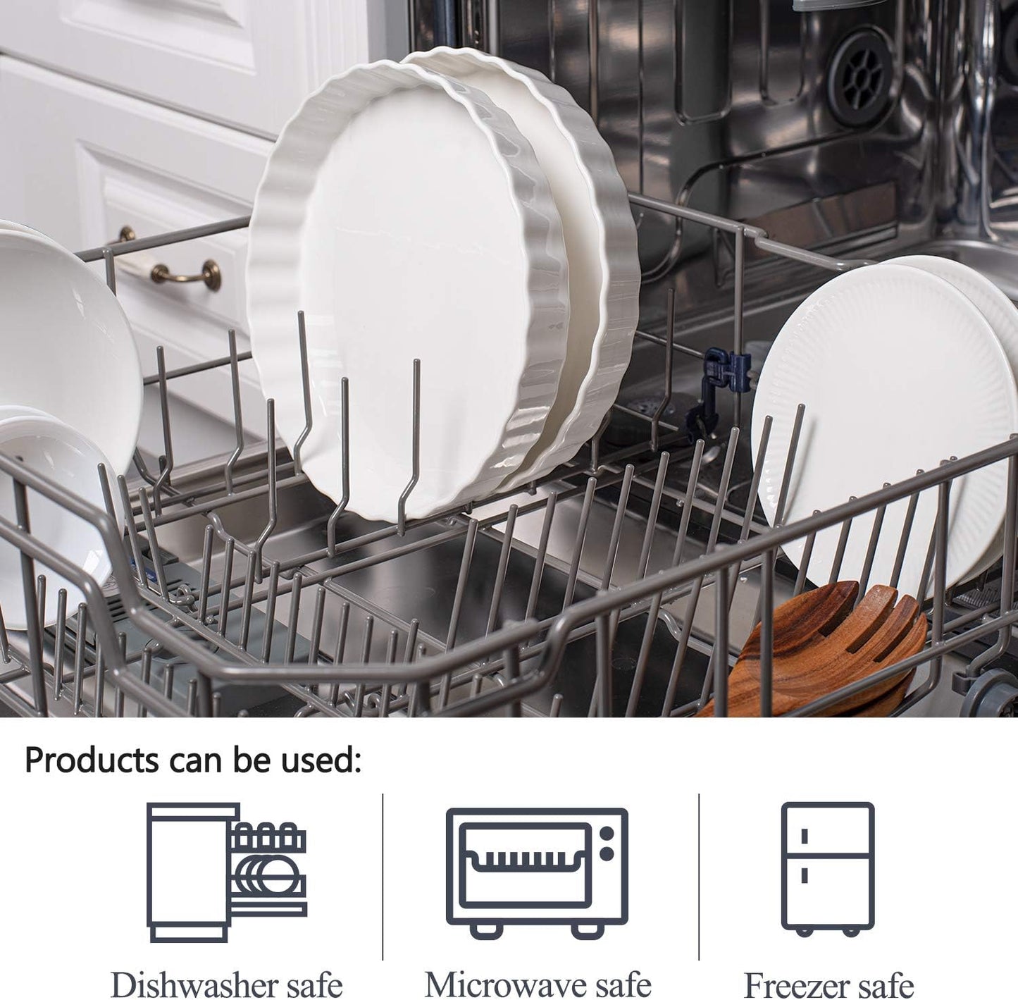 DELLING Set of 2 Tart Pans, 9.5 inch Quiche Pan, Ceramic Fluted Quiche Baking Dish/Pie Pan, Perfect for Baking Tart Pies and Chicken Pot Pie, Cheesecake, Creme Brulee, Round, White