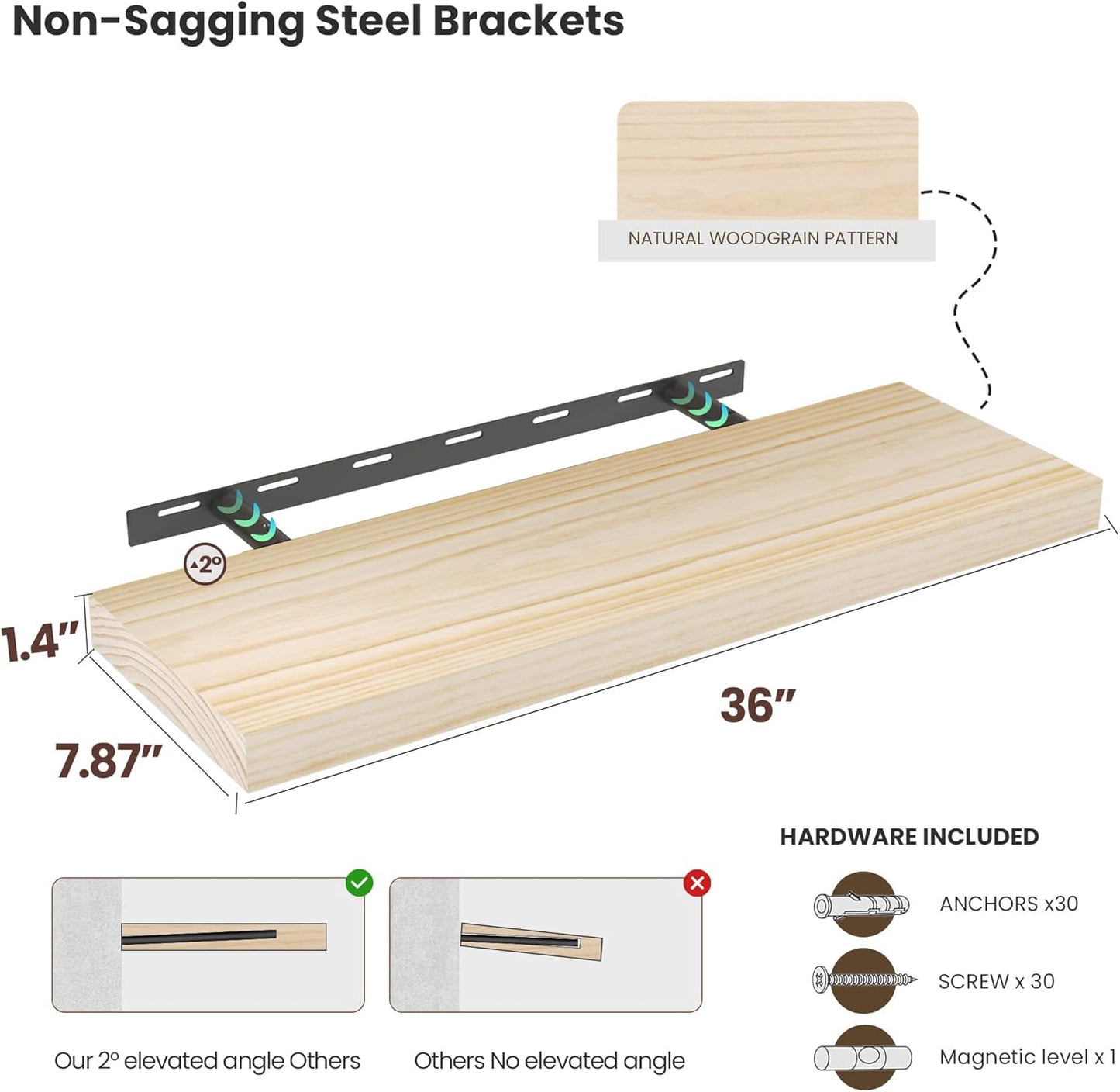 Vivelove Natural Wood Floating Shelves 36”，8 inch Deep Floating Shelf with Invisible Brackets, Unfinished Wall Shelves for Living Room, Bathroom, Kitchen, Bedroom, Home Decor, Set of 2 - Natural