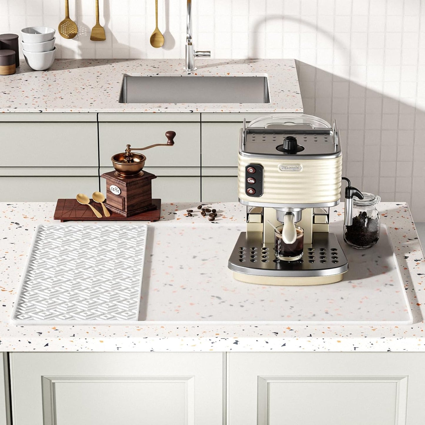 Silicone Coffee mat 24''x16'' – Non-Slip Bar Mat with Detachable Drying Layer for Espresso Machines, Countertops & Dish Racks