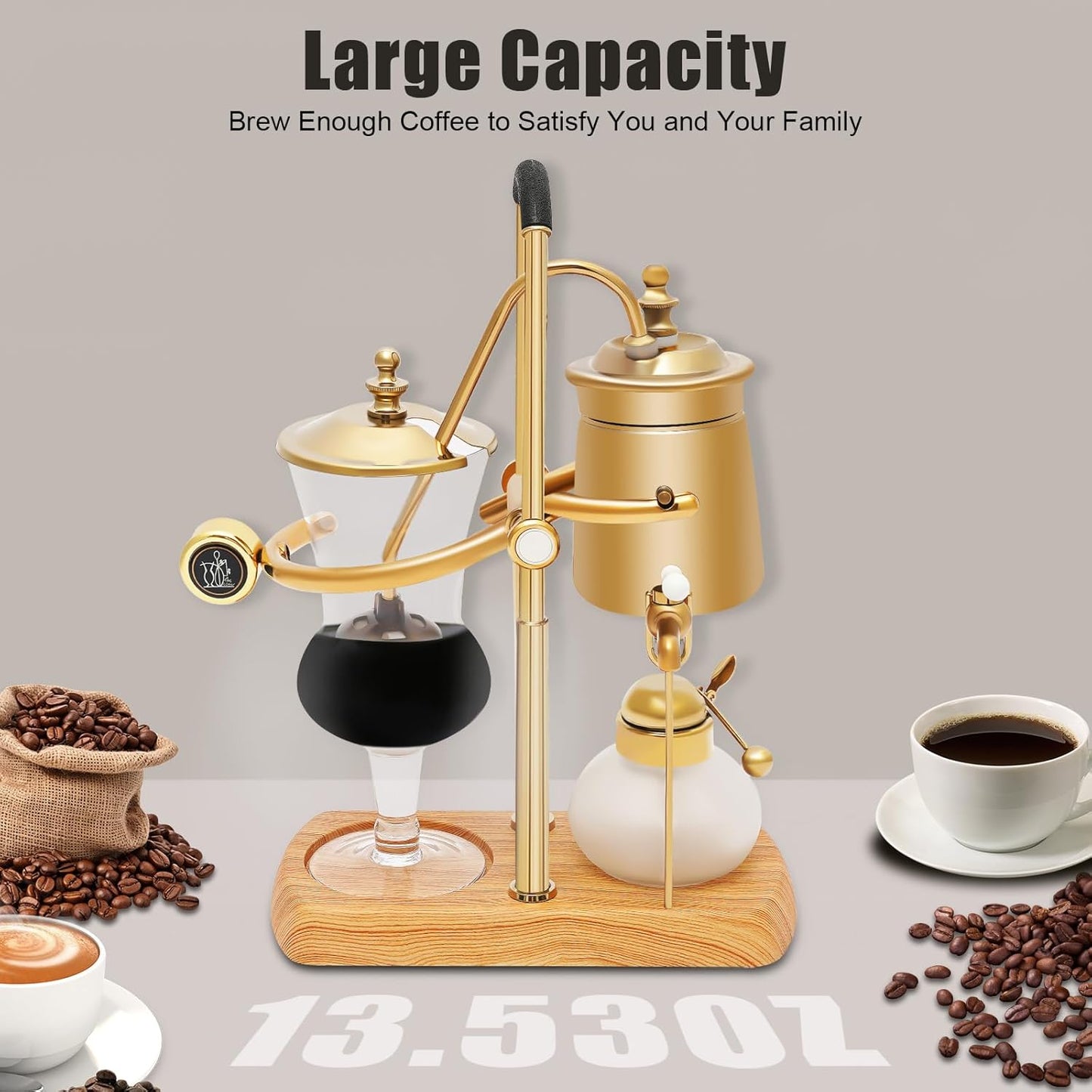 Balance Siphon Coffee Maker, Coffee Brewer Vintage with Alcohol Burner Bottle and Measuring Cup Spoon, 400ml Gravity Coffee Maker for Personal Kitchens Coffee Shops (Gold)