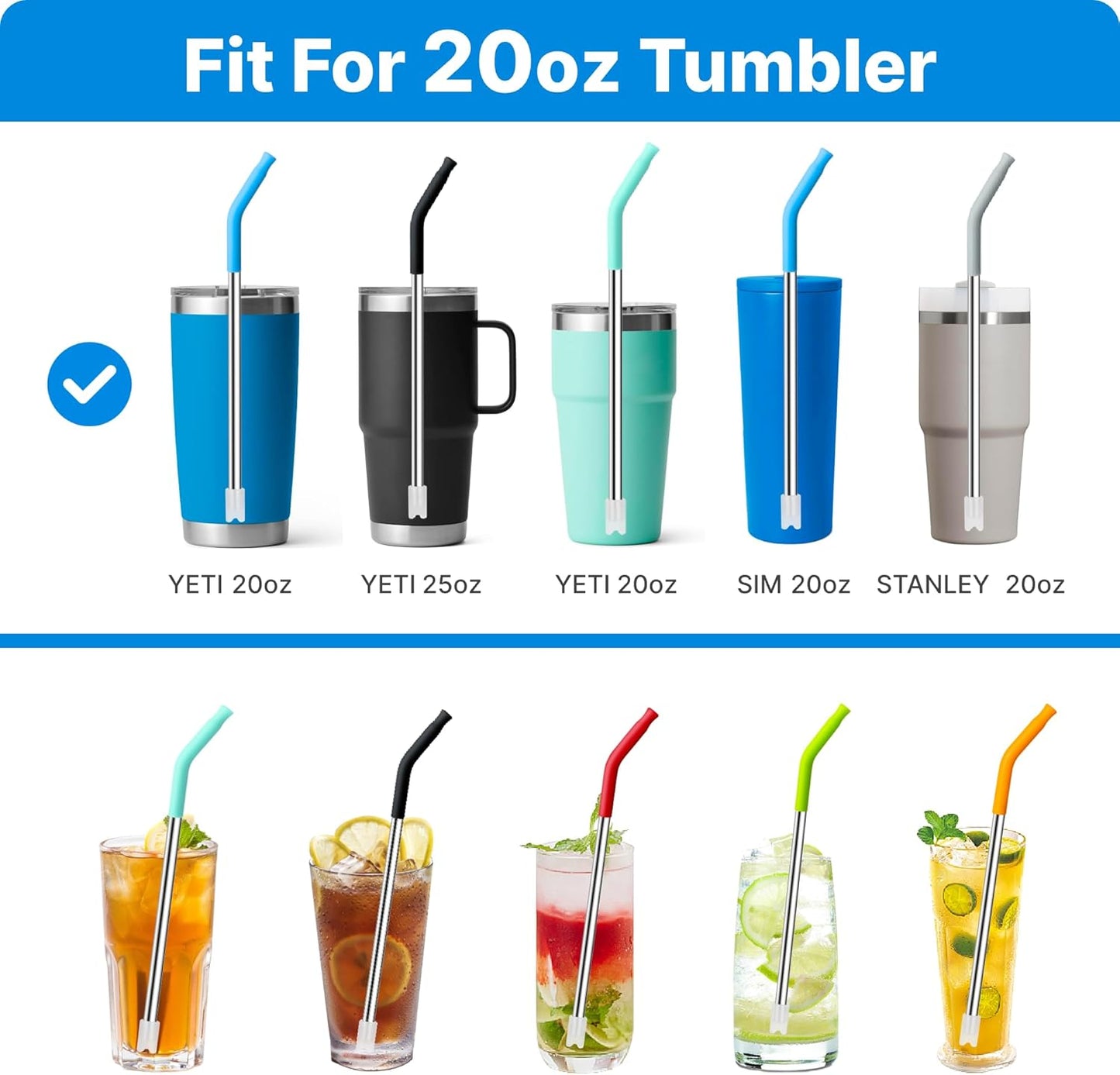 Metal Straws with Silicone Tip for 20 oz YETI Tumbler, 4 Pcs Reusable Stainless Steel Straws for 20 oz Stanley Cup and 16 oz Glass Cups(Color 4)