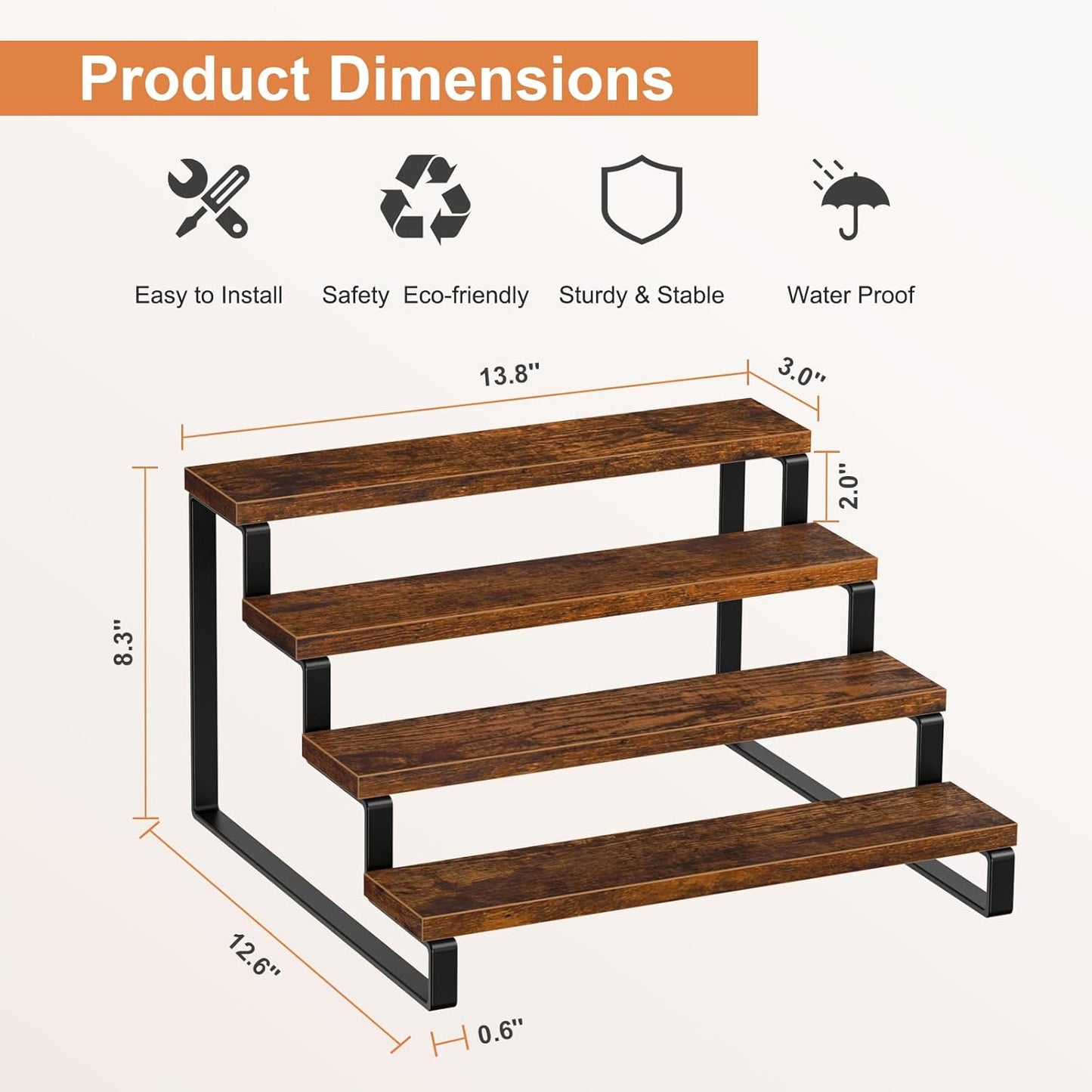 Giikin 4 Tier Spice Rack, Set of 2 Wooden Spice Rack for Countertop, Kitchen Counter Storage Shelves Cupcake Stand Holder Display Stand, Rustic Brown