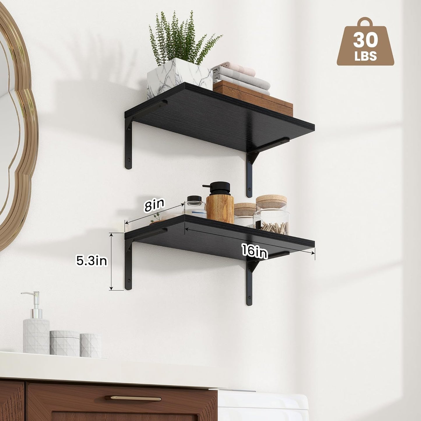 Fun Memories Deep Floating Shelves, 16W x 8D Floating Shelves Set of 2, Wall Mounted Shelf with Metal Brackets, Rustic Wood Wall Shelf for Bathroom, Kitchen and Living Room, Black