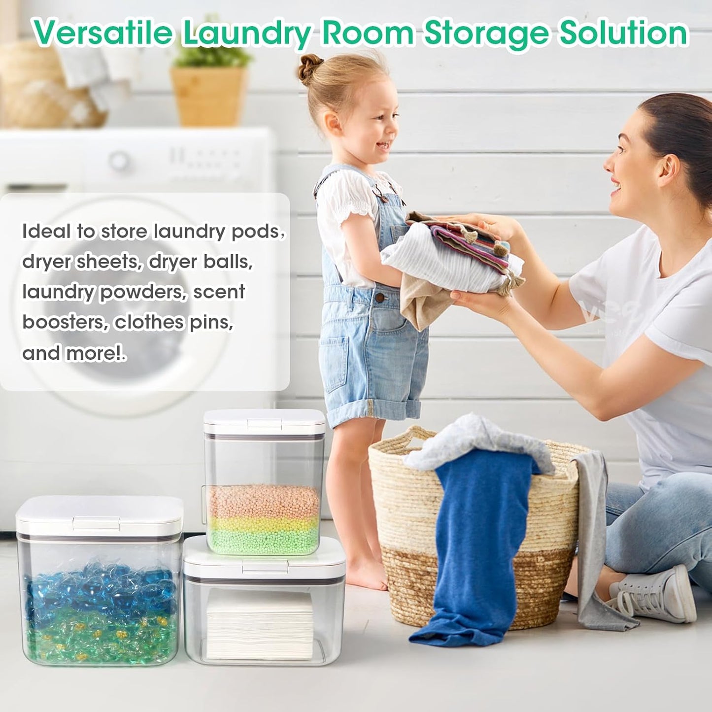 2 Pack Laundry Pods Container with One-Click Pop-up Lid, 95 oz + 68 oz Laundry Room Detergent Storage Container for Laundry Powder, Scent Booster, Dryer Sheet, Dryer Ball, Dishwasher Pod Holder