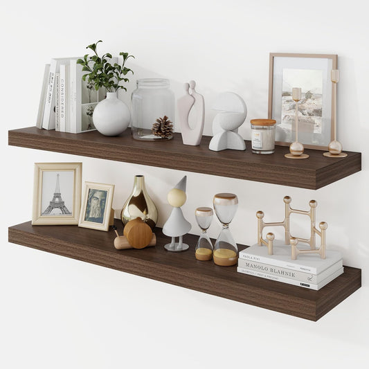 36 Inch Floating Shelves, 9.3" Deep Floating Shelf Wall Mounted, 36" Wall Shelves, Rustic Deep Bookshelf, Large Display Shelves & Storage Shelves for Bedroom, Living Room, Walnut, Set of 2