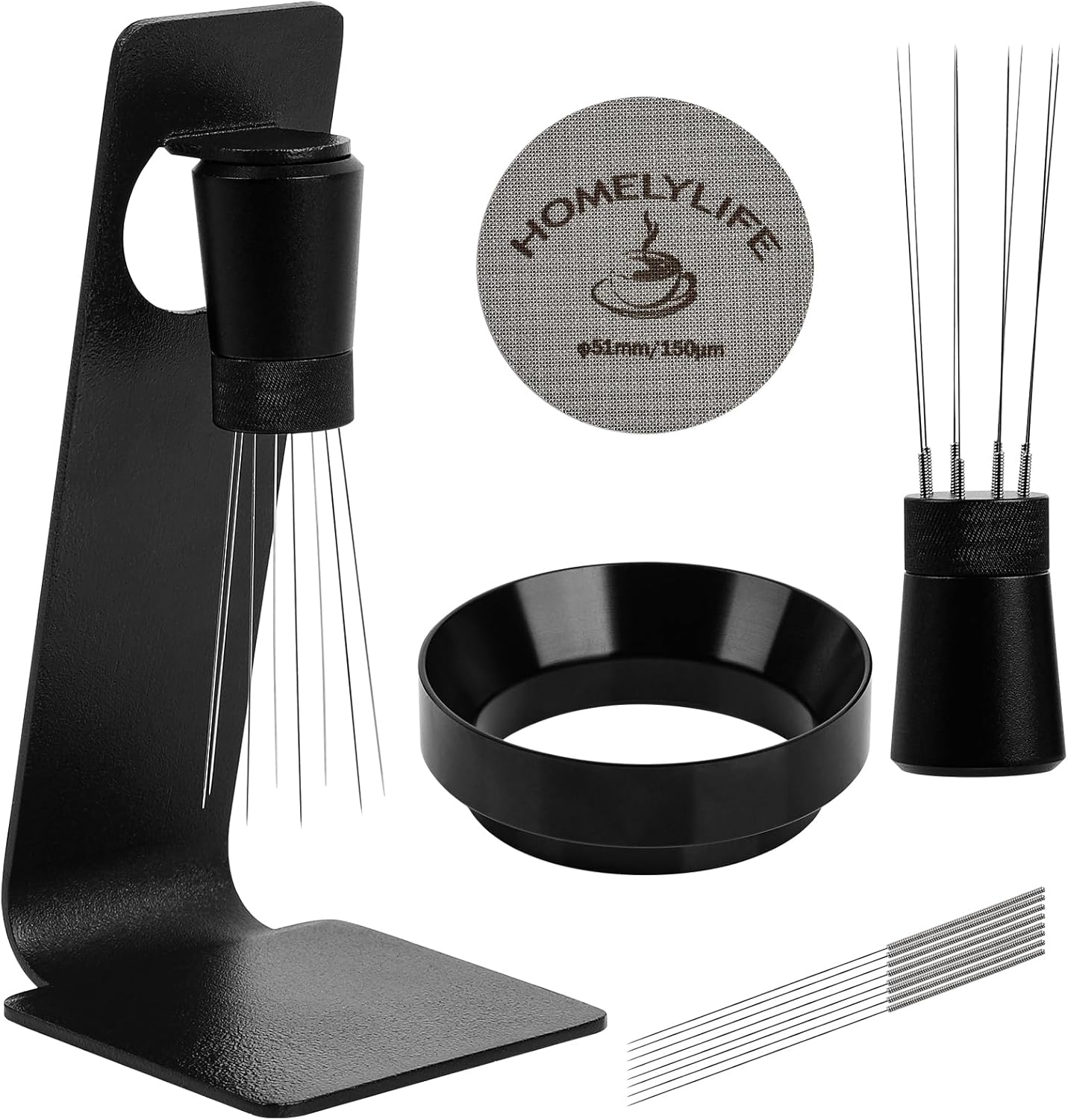 WDT Tools Espresso Puck Screen, 51mm Espresso Accessories Kit - 150μm Puck Screen Set, 0.25mm 316 Stainless Steel 8 Needles Coffee Distribution Stirrer, Portafilter Dosing Ring for Barista Black