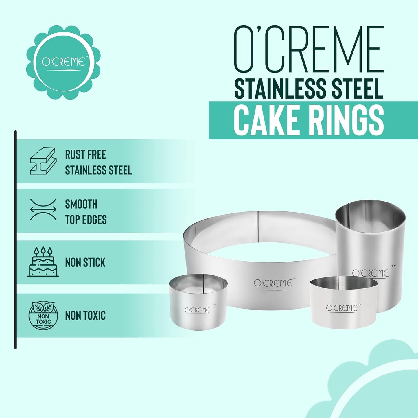 O'Creme Cake Ring Sturdy Stainless Steel Round Mousse Cake Ring Mold for Baking, Dessert Cake Decorating Pastry Rings 9 Inch Diameter x 2 Inch High