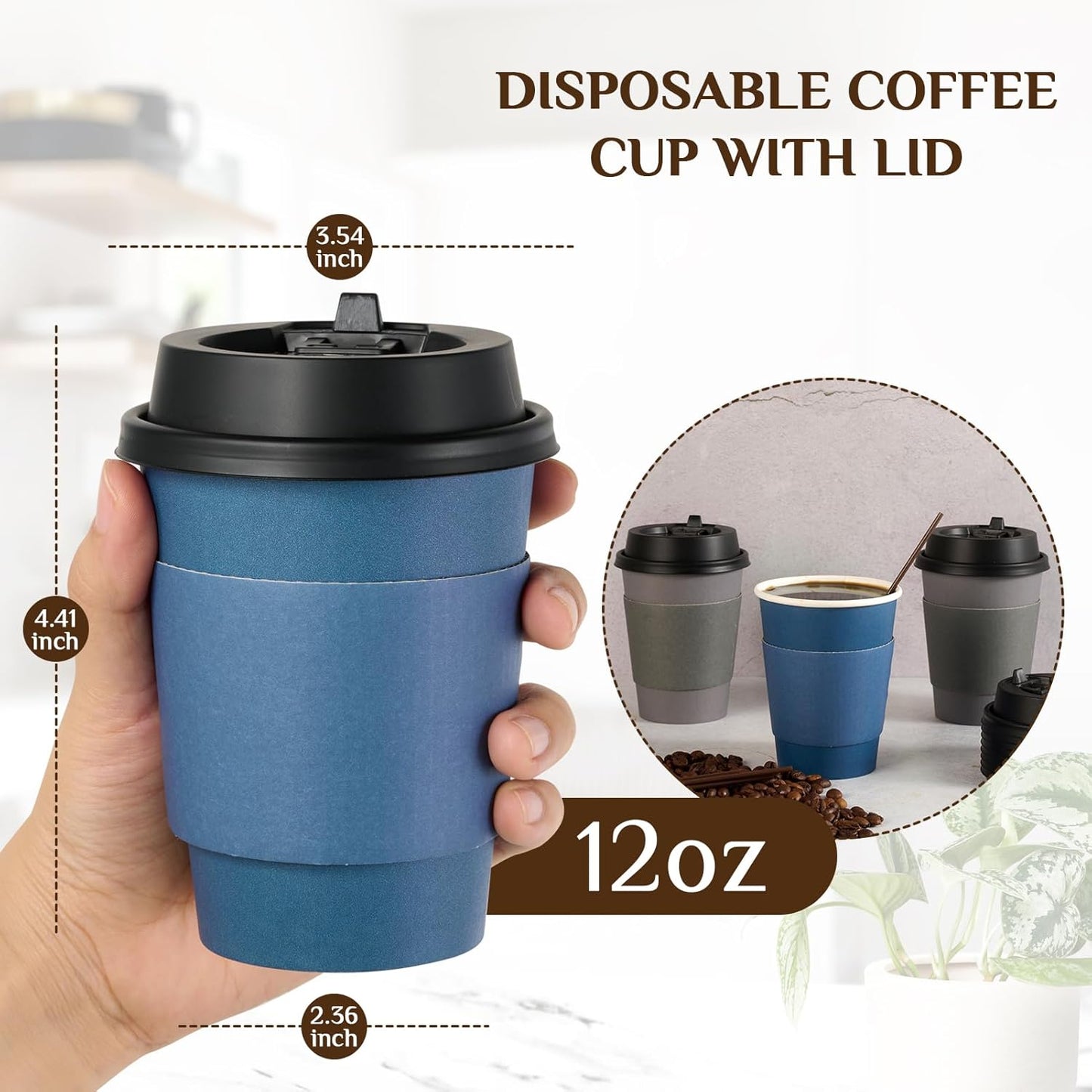 LITOPAK 100 Pack 12 oz Disposable Paper Coffee Cups with Lids, Sleeves and Stirring Sticks for Hot Coffee, Water or Juice, Blue and Gray Hot Paper Cups for Cafes, schools, offices, shops