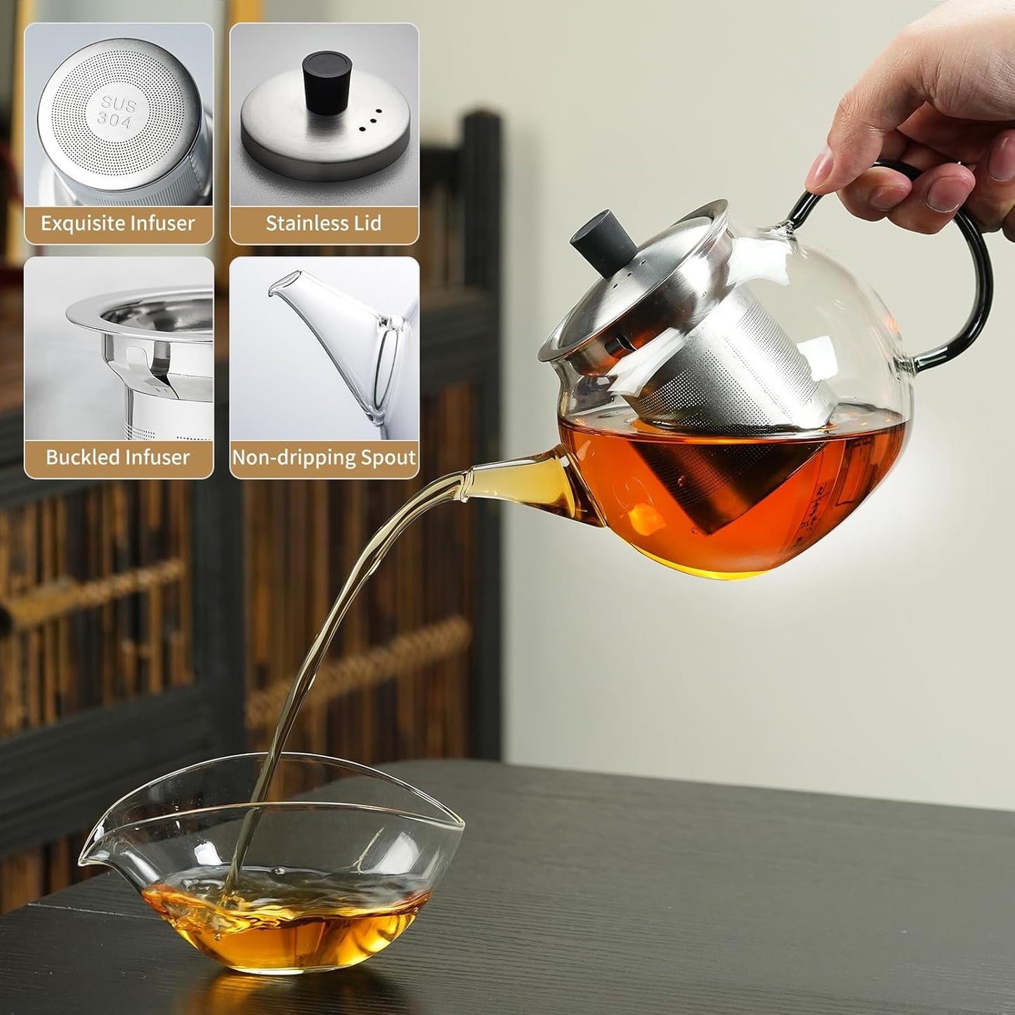 28OZ Glass Teapot with Infuser Stovetop Safe, 800ml Borosilicate Glass Kettle Tea Pot with Infusers tea infuser pot for loose leaf tea, tea Maker brewer, Dishwasher Safe, tetera para te (Clear)