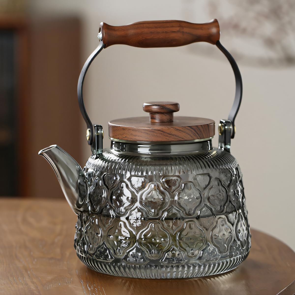 IwaiLoft Stovetop Safe Glass Teapot with Malus Spectabilis Pattern Removable Infuser Fine Borosilicate Tea Pot perfect for Fruit Flowering Tea Canister Premium Quality Tea Kettle Gift(Gray)