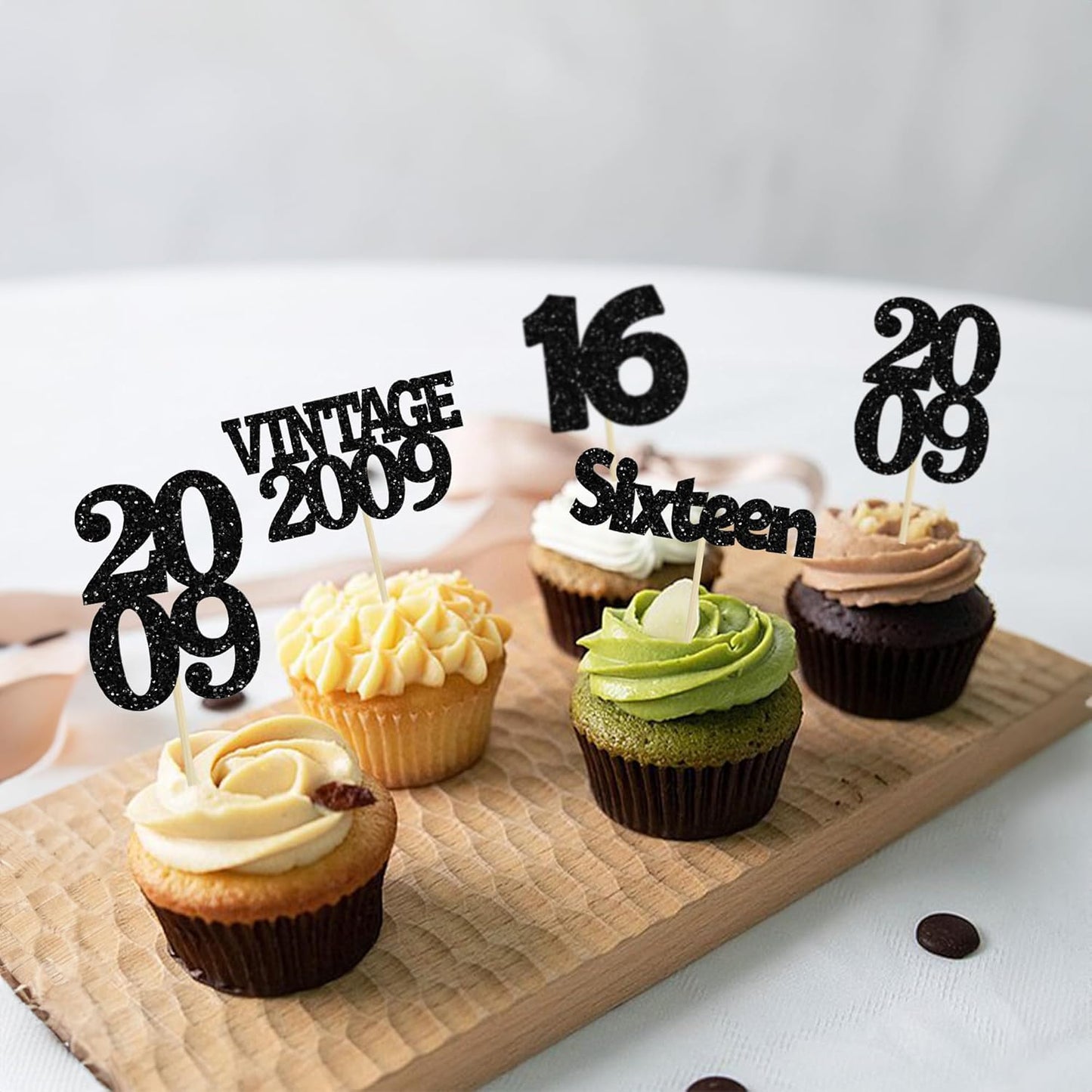 Gyufise 24Pcs 16th Birthday Cupcake Toppers Glitter Sixteen Vintage 2009 Sweet 16 Cupcake Picks Hello 16 Years Birthday Cake Decorations for Happy 16th Birthday Anniversary Party Supplies Black