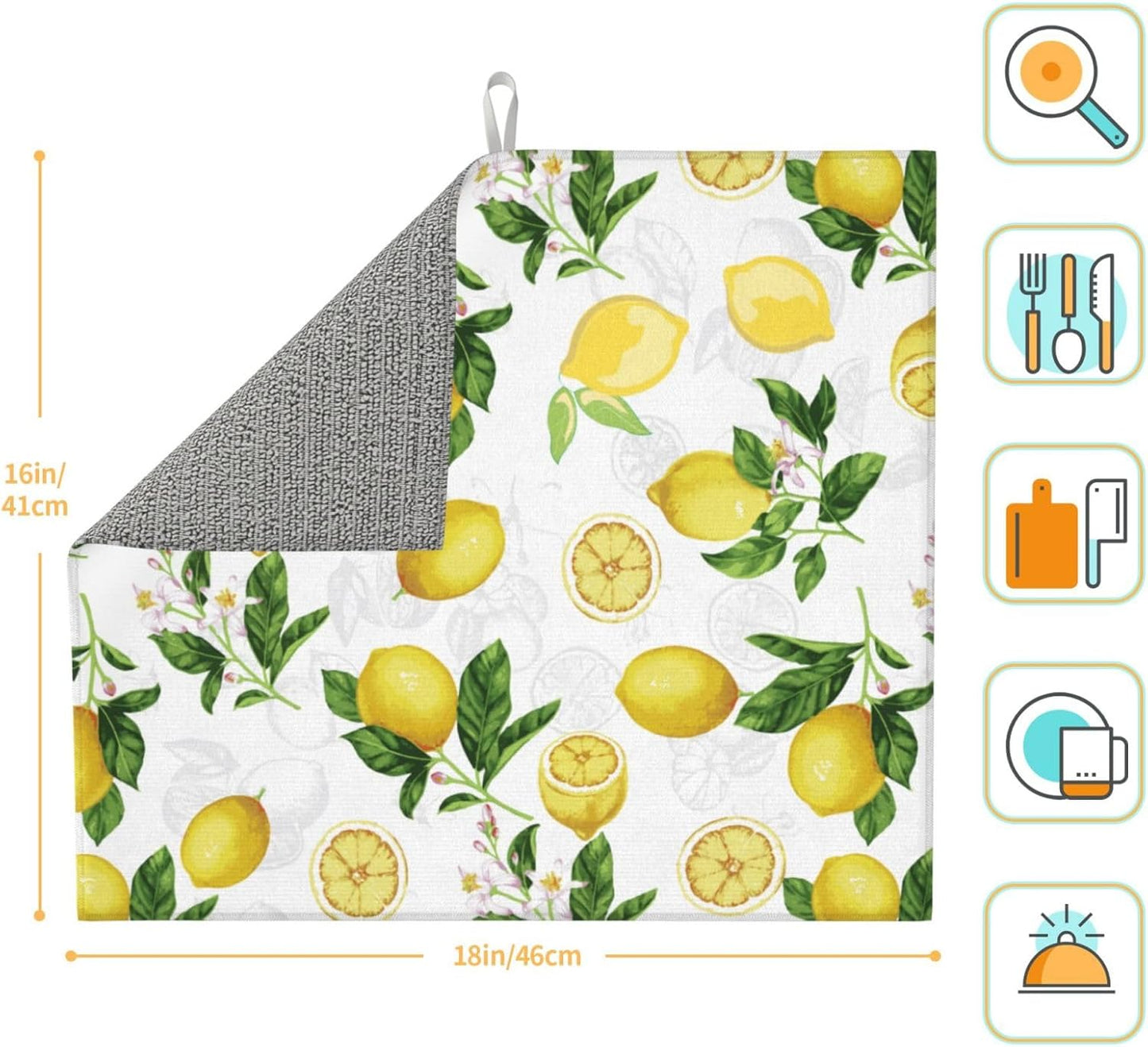 Lemon And Leaves Dish Drying Mat, Highly Absorbent Microfiber Kitchen Counter Pad Reusable Washable, 16*18"