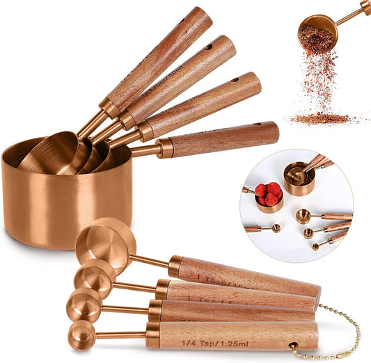 Collection 8 Piece Rose Gold Measuring Cups Set and Measuring Spoons, Golden With fragrant wood Handles-Complete Set of Measure Cups and Spoons For Cooking and Baking.