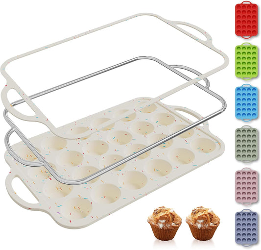 24 Cups Silicone Muffin Pan with Metal Reinforced Frame Mini Size Cupcake Pan Tray Egg Bites Silicone Circle Cookie Molds Muffin Tin Tart Pans Non Stick Toxic Oven Safe Baking Sheet Set